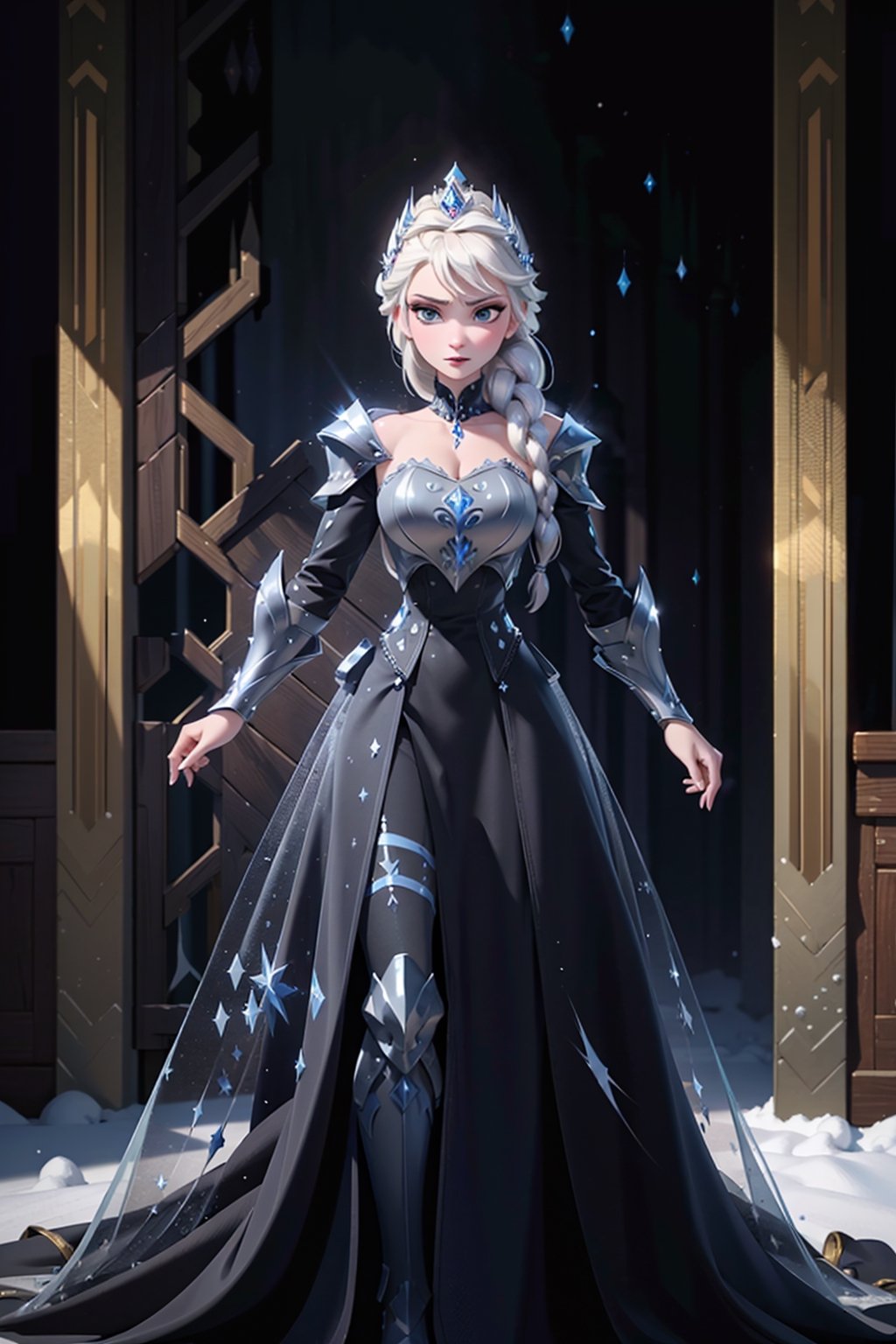 (masterpiece: 1.4), (best quality: 1.4), (high resolution: 1.4), dark cape, arendelle elsa, fur trim, single braid, platinum blonde, black dress, ((armor, armored dress, black dress, gauntlets)), ice, snow, winter, sword, crown, evil, close-up, standing, full body, cowboy photo, (wide hips: 1.1), narrow waist, huge cleavage, voluptuous, curvy