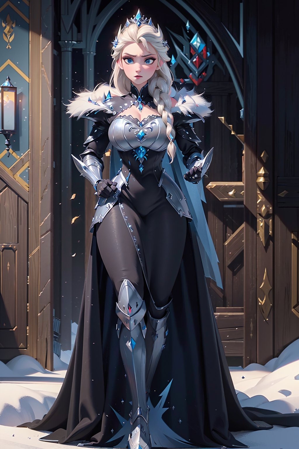 (masterpiece: 1.4), (best quality: 1.4), (high resolution: 1.4), dark cape, arendelle elsa, fur trim, single braid, platinum blonde, black dress, ((armor, armor dress, black dress , gauntlets) ), ice, snow, winter, sword, crown, evil, close-up, standing, full body, cowboy photo, (wide hips: 1.1), narrow waist, huge cleavage, voluptuous, curvy, (breasts giants:1.1), giant hips, wide hips, thick thighs, (huge thighs:1.3),