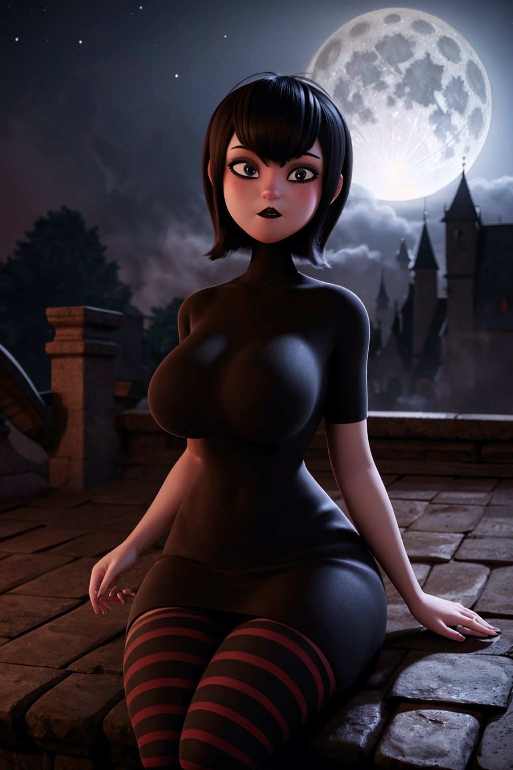 mevis, 1 girl, short hair, sad, black hair, individual focus, black eyes, makeup, lipstick, black lips, MAVIS DRACULA, short black dress, black tights with red stripes, outside, night, dark sky, full moon, fog, castle roof, sitting, (wide hips: 1.1), narrow waist, curvy, giant hips, wide hips, thick thighs, (huge thighs: 1.3), looking at the viewer 