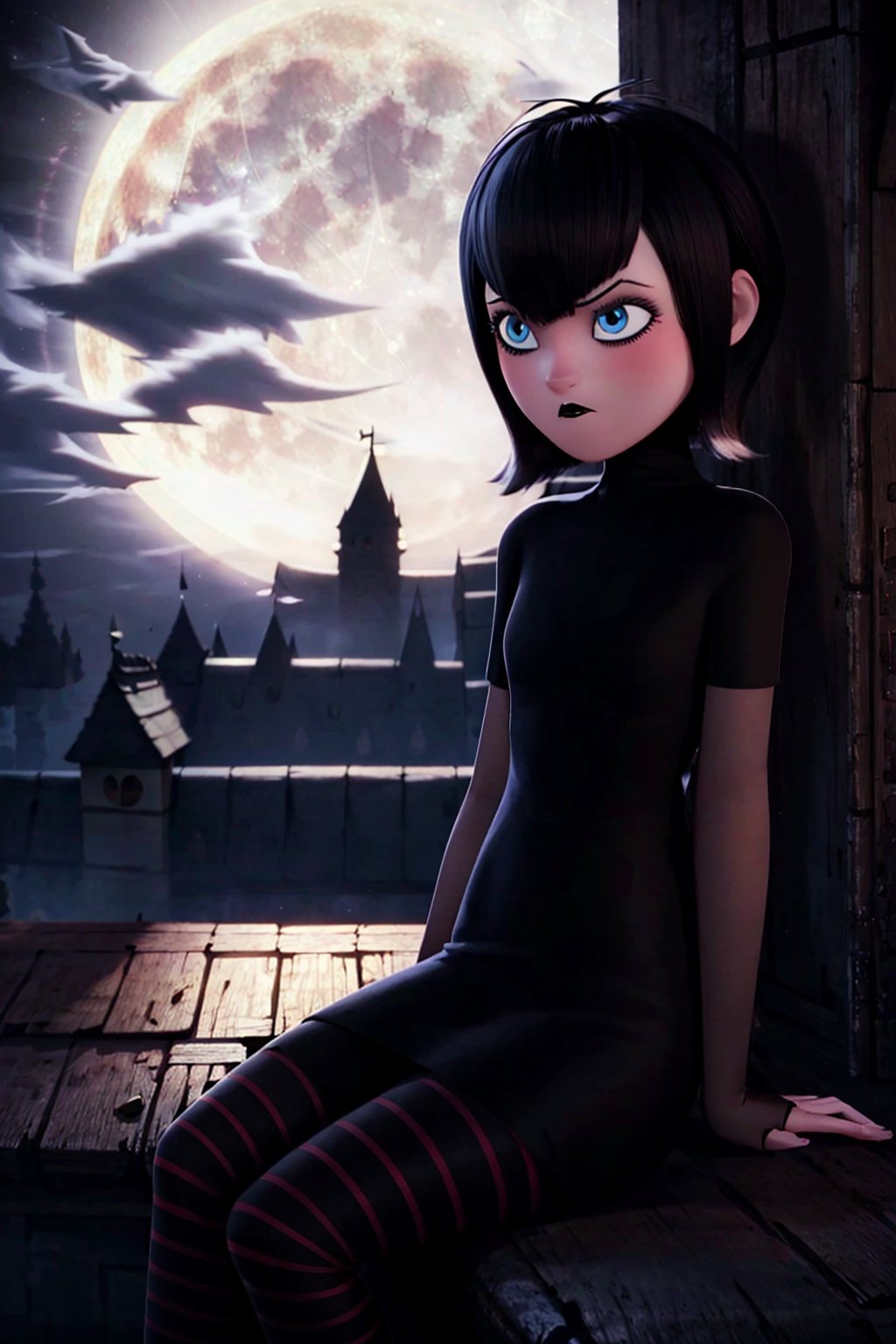 mevis, 1 girl, alone, short hair, sad, black hair, individual focus, blue eyes, makeup, lipstick, black lips, MAVIS DRACULA, short black dress, black tights with red stripes, outside, night, dark sky, full moon, fog, castle roof, sitting,mavis dracula