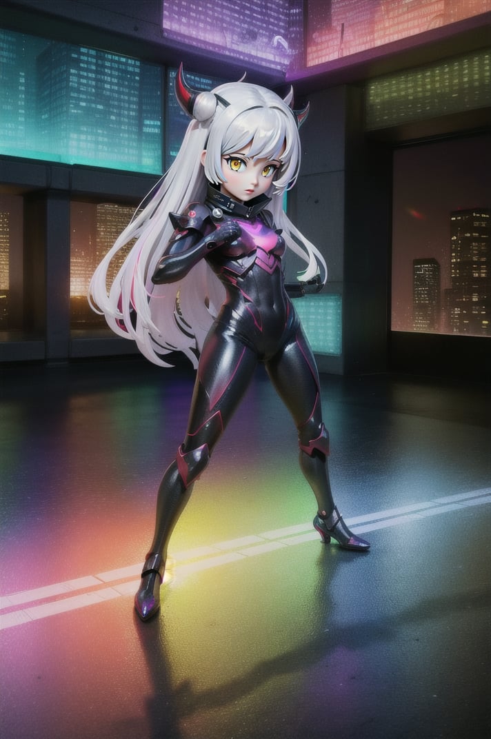 (masterpiece), best quality, expressive eyes, perfect face, (small brests), white hair, ((((blue and red eye)))), ((full body)), black and blue Dragon horns, (((((shadow outfit))))), (((battle shadow outfit))), small body, long hair, ((kid body)), (1 girl), (((futuristic city background))), (sexual pose), ((((rainbow lights details on the outfit)))), ((green details)), ((yellow details)), shadow, black silhouette, shadow of,aura of shadows, ((Blue details)), ((red details)), ((black armored shadow outfit))