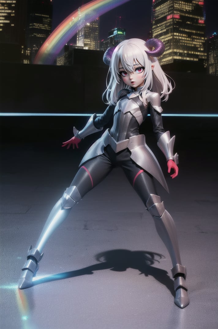 (masterpiece), best quality, expressive eyes, perfect face, (small brests), white hair, ((((blue and red eye)))), ((full body)), black and blue Dragon horns, (((((shadow outfit))))), (((battle shadow outfit))), small body, long hair, ((kid body)), (1 girl), (((futuristic city background))), (sexual pose), ((((rainbow lights details on the outfit)))), ((green details)), ((yellow details)), shadow, black silhouette, shadow of,aura of shadows, ((Blue details)), ((red details)), ((black armored shadow outfit))