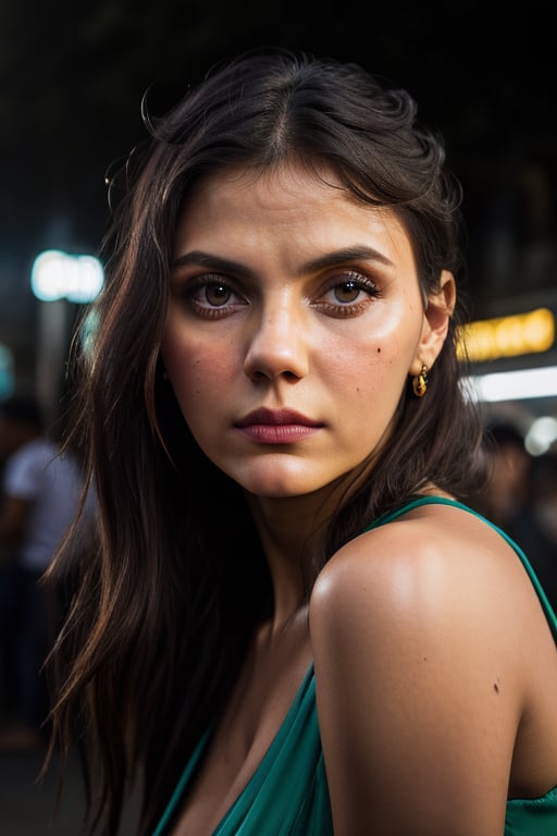 angle portrait of Alexandra Daddario on the streets of Bangladesh, Bangladesh street food in background, tanned skin, (perfect facial character), front face portrait, charismatic, attractive, wearing green and yellow indian traditional dress, (in low crowd:1.3), grainy photograph, (upper body portrait:1.2), evenly lit, dramatic lighting, (cinematic color grade:1.5), (teal and orange color grade:1.2), (photorealistic:1.3), shot with Fujifilm X-T3, 35mm f/2, ultra detailed, realistic perfect face, (realistic skin texture), perfect face, perfet hands, perfect fingers, perfect eyes, (film look), (cinematic look), (arshadArt),anamr