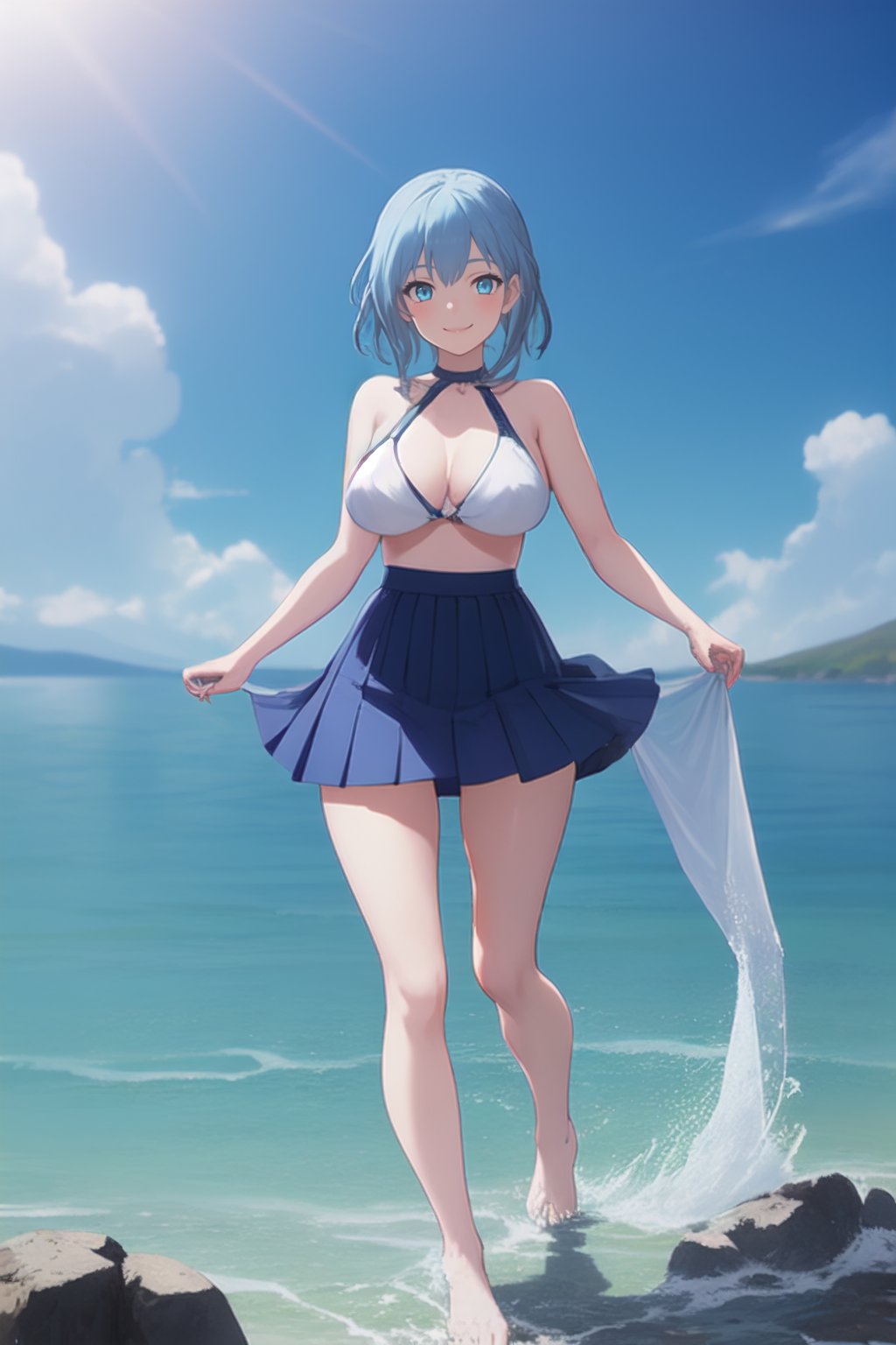 1girl,eye_narrowed,blue hair,medium tits,greek_mythology,short,full body,perfect thighs, light smile,HD water,skirt