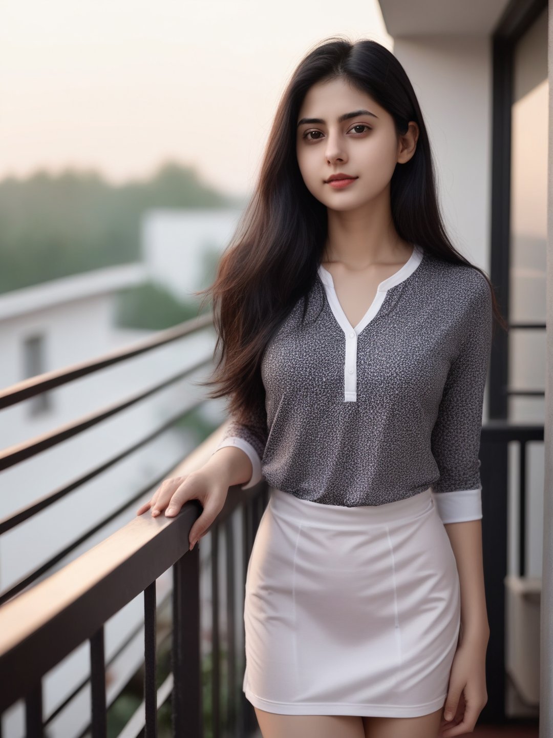 1girl, solo, hindu, looking at viewer, black hair, dress, brown eyes, long hair, closed mouth,face msrks, facial mark, short night printed wear, standing against grill morning balcony view 