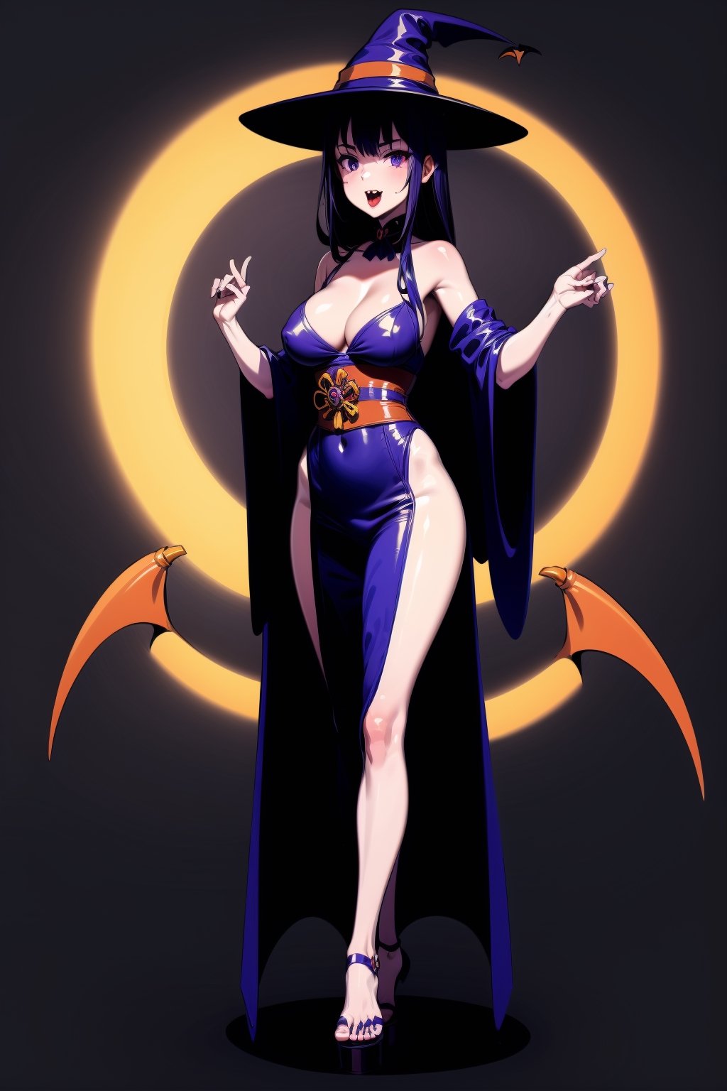 Halloween style, ((vampire costumes)), 1girl, colorful, elemental, fire, best quality, full body, Wide Shot, magic Circle, Circle, raidenshogundef, long hair, purple hair, purple eyes