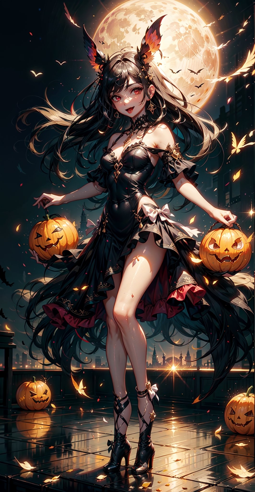 Steampunk girl, with pumpkins and bats, inside a circle, white outside the circle, simple, beautiful, modern watercolor style,((full body,perfect facial features,red eyes, reflection in the eyes,
fangs in the mouth, red lips,smile, open mouth )),
black dress, long dress, dress with ruffles, (
night, full moon in the background, medieval castle)