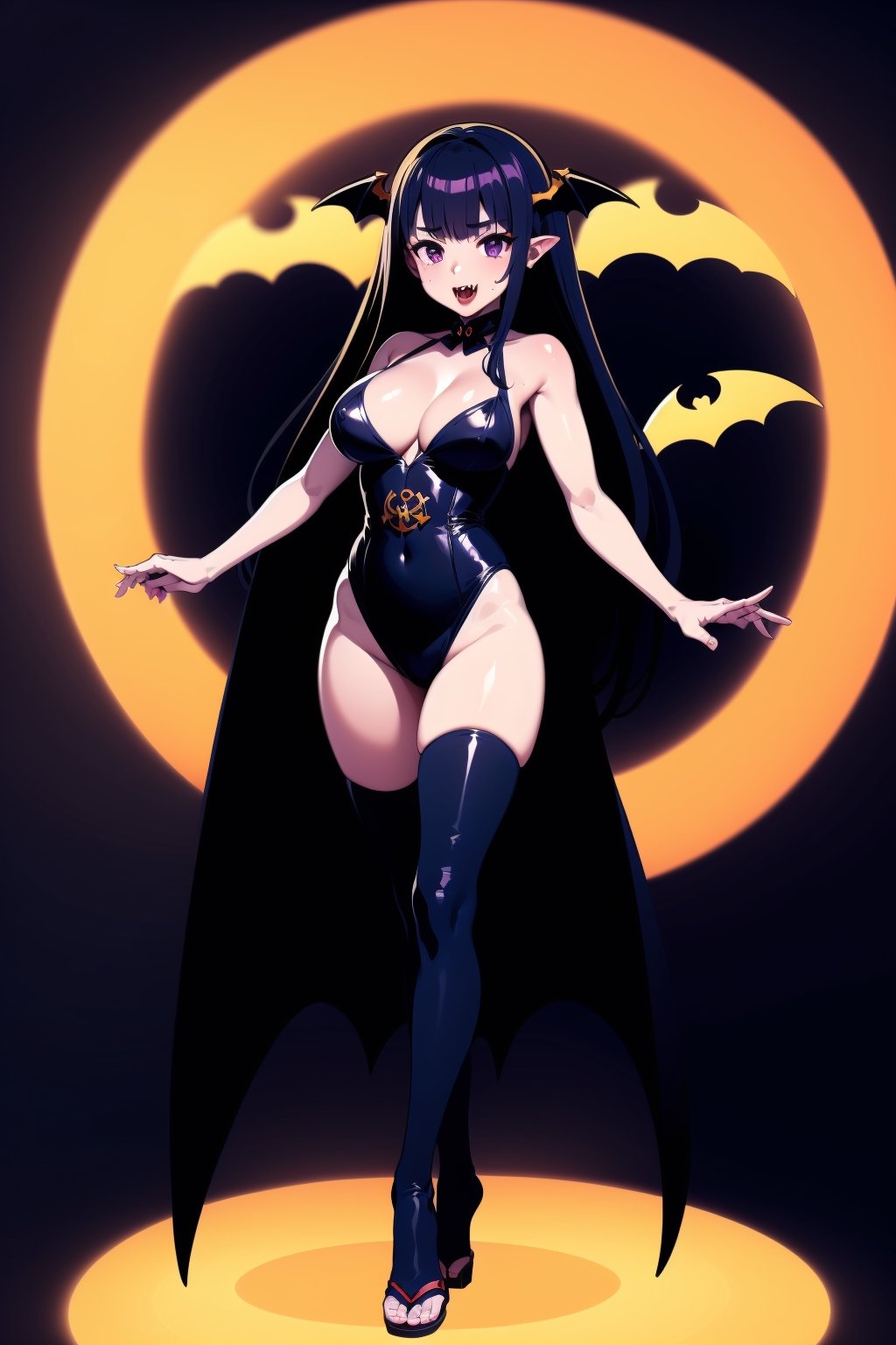 Halloween style, ((vampire costumes)), 1girl, colorful, elemental, fire, best quality, full body, Wide Shot, magic Circle, Circle, raidenshogundef, long hair, purple hair, purple eyes