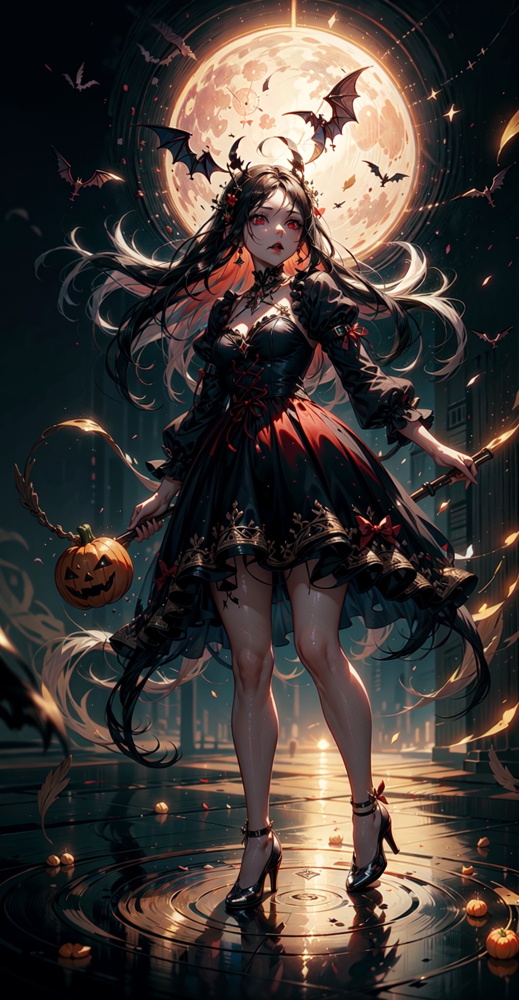 Steampunk girl, halloween, with pumpkins and bats, inside a circle, white outside the circle, simple, beautiful, modern watercolor style,((full body,perfect facial features,
red eyes, reflection in the eyes,
two protruding fangs in the mouth, red lips)),
black dress, long dress, dress with ruffles, (
night, full moon in the background, medieval castle)