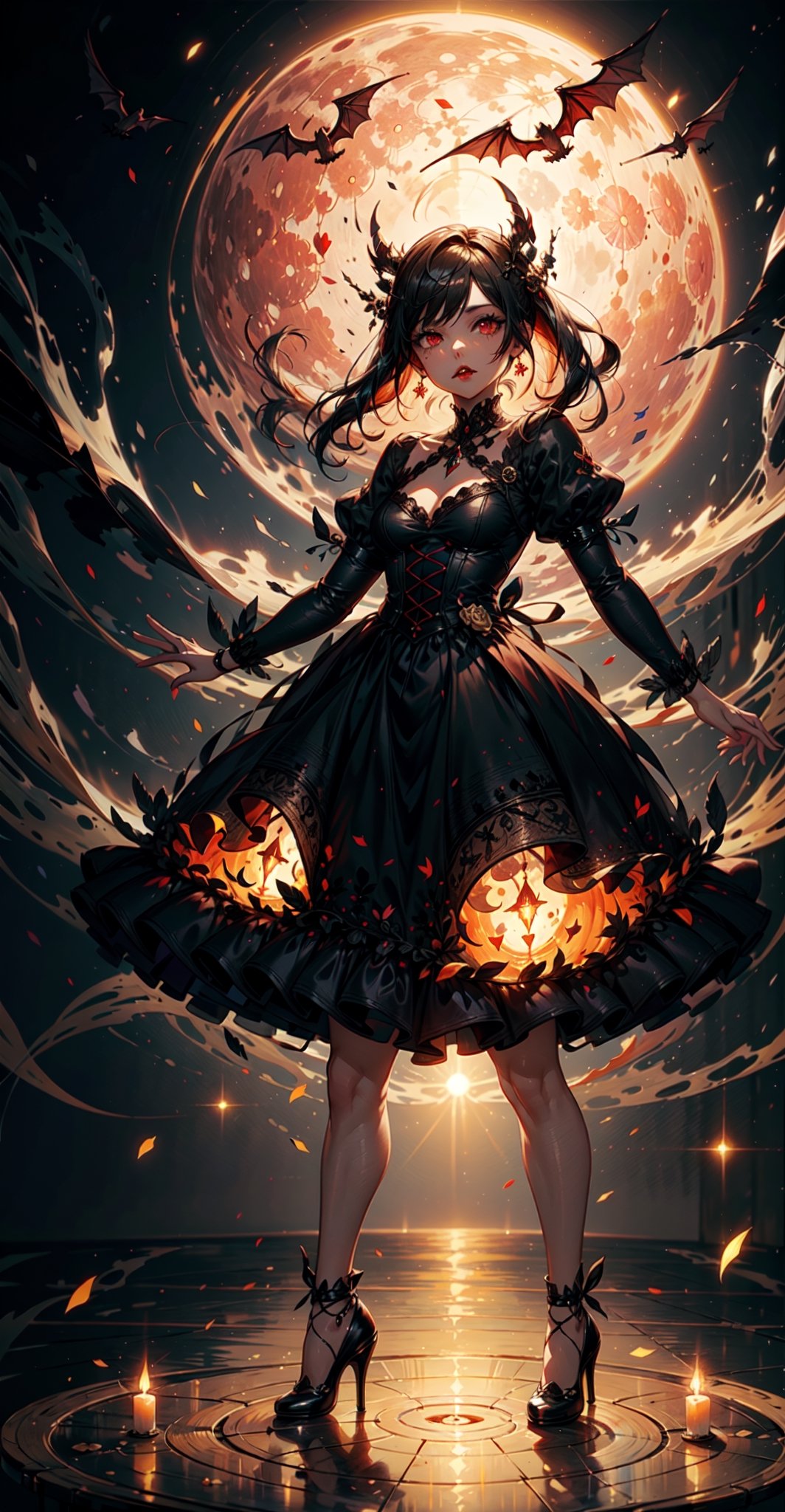 Steampunk girl, with pumpkins and bats, inside a circle, white outside the circle, simple, beautiful, modern watercolor style,((full body,perfect facial features,
red eyes, reflection in the eyes,
fangs in the mouth, red lips)),
black dress, long dress, dress with ruffles, (
night, full moon in the background, medieval castle)