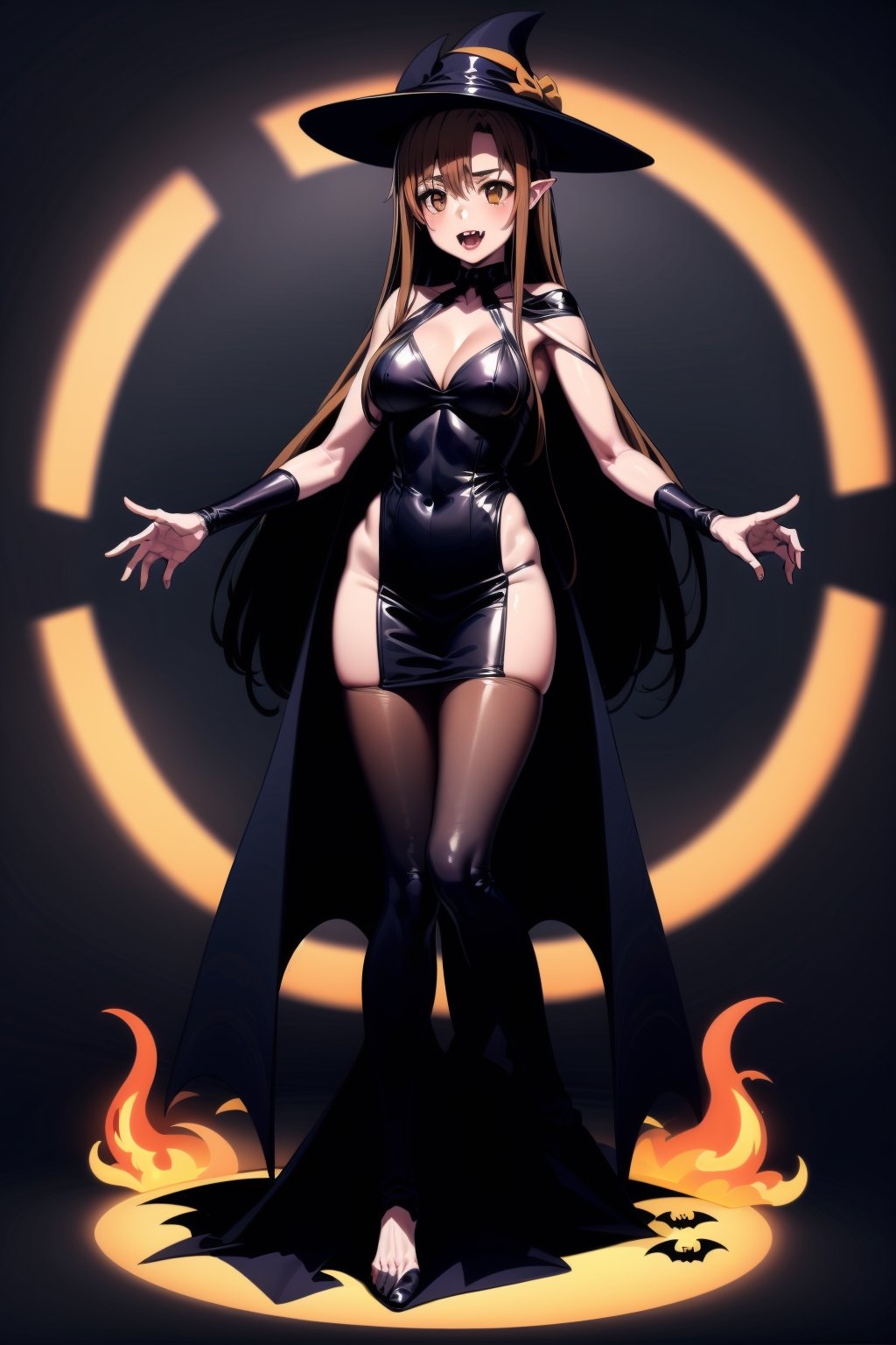 Halloween style, ((vampire costumes)),asuna yuuki, long hair,brown hair,(brown eyes:2), 1girl, colorful, elemental, fire, best quality, full body, Wide Shot, magic Circle, Circle