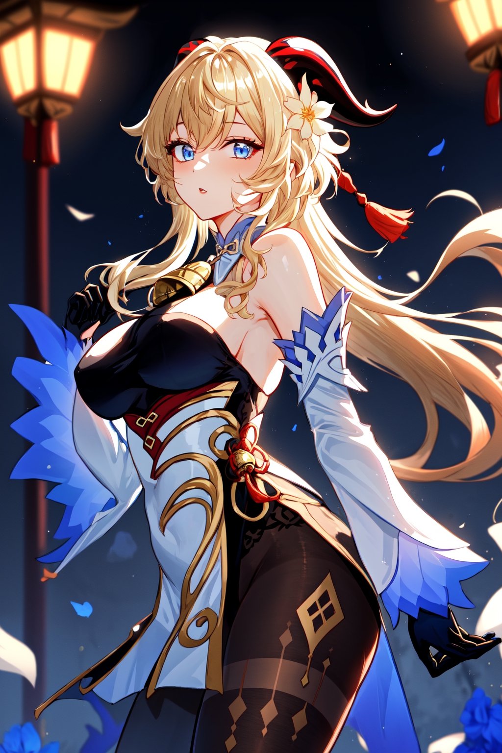 1girl, solo, ganyu \(genshin impact\),(bare shoulders, bell bottom, black gloves, black pantyhose, ((blonde hair)),  breasts, Chinese knot, loose sleeves, flower knot, gloves, horns, looking at viewer, large size breasts, flared neck, evening, open air, pantyhose, blue eyes, side locks, single, tassel, white sleeves), ((masterpiece)),kitagawa marin, red eyes