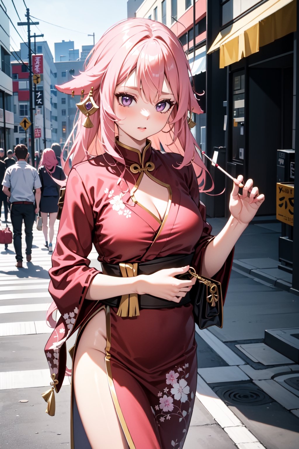 The image shows a woman in a pink kimono standing on a street in a city. She has long, pink hair and is wearing a white blouse and pink kimono. She is holding a purse and has a cigarette in her hand. The background is a city street with buildings and cars in the distance. The overall mood of the image is sexy and alluring.,china dress with heart cutout,yaemikodef, purple eyes