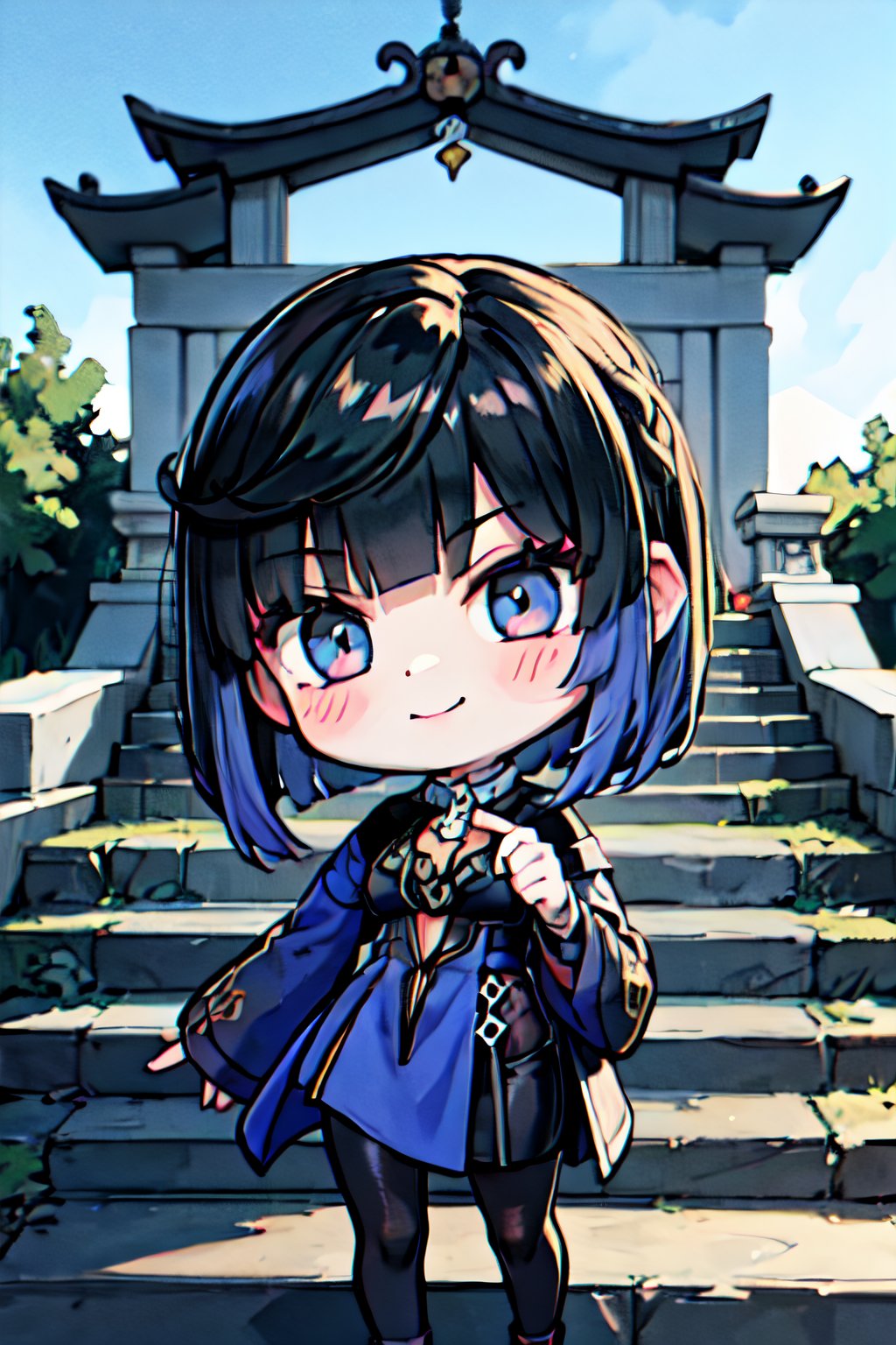 (chibi), full body, solo, 1girl, yelan_\(genshin_impact\),  upper body, smile, blush, outdoors, day, simple background, blue sky, short hair, sky, temple, looking at viewer, stairs, mountain, moody lighting, facing viewer,