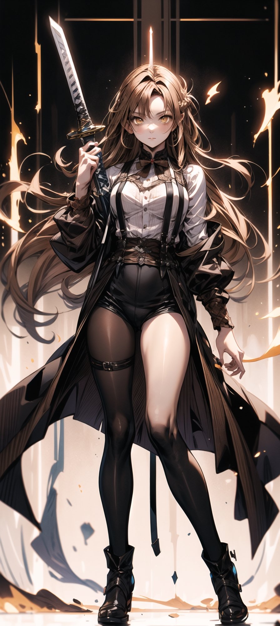 A girl, wearing a tuxedo, holding a western sword in her left hand, suspenders, long legs, sexy, with a cold expression,raiden shogun, asuna yuuki, long hair,brown hair,(brown eyes:2)