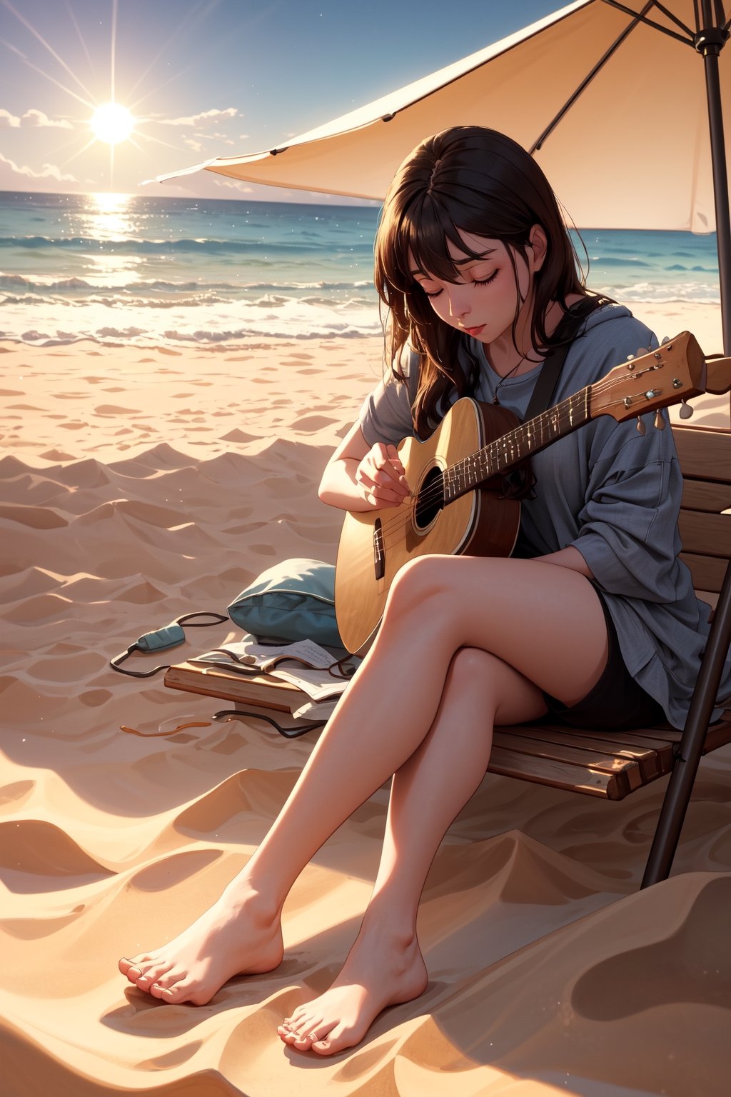 In this photographic scene, a woman finds solace on a beach, her toes sinking into the golden sand. The sound of her guitar resonates through the air as the sun reaches its peak, creating peaceful midday vista, open eyes,kitagawa marin