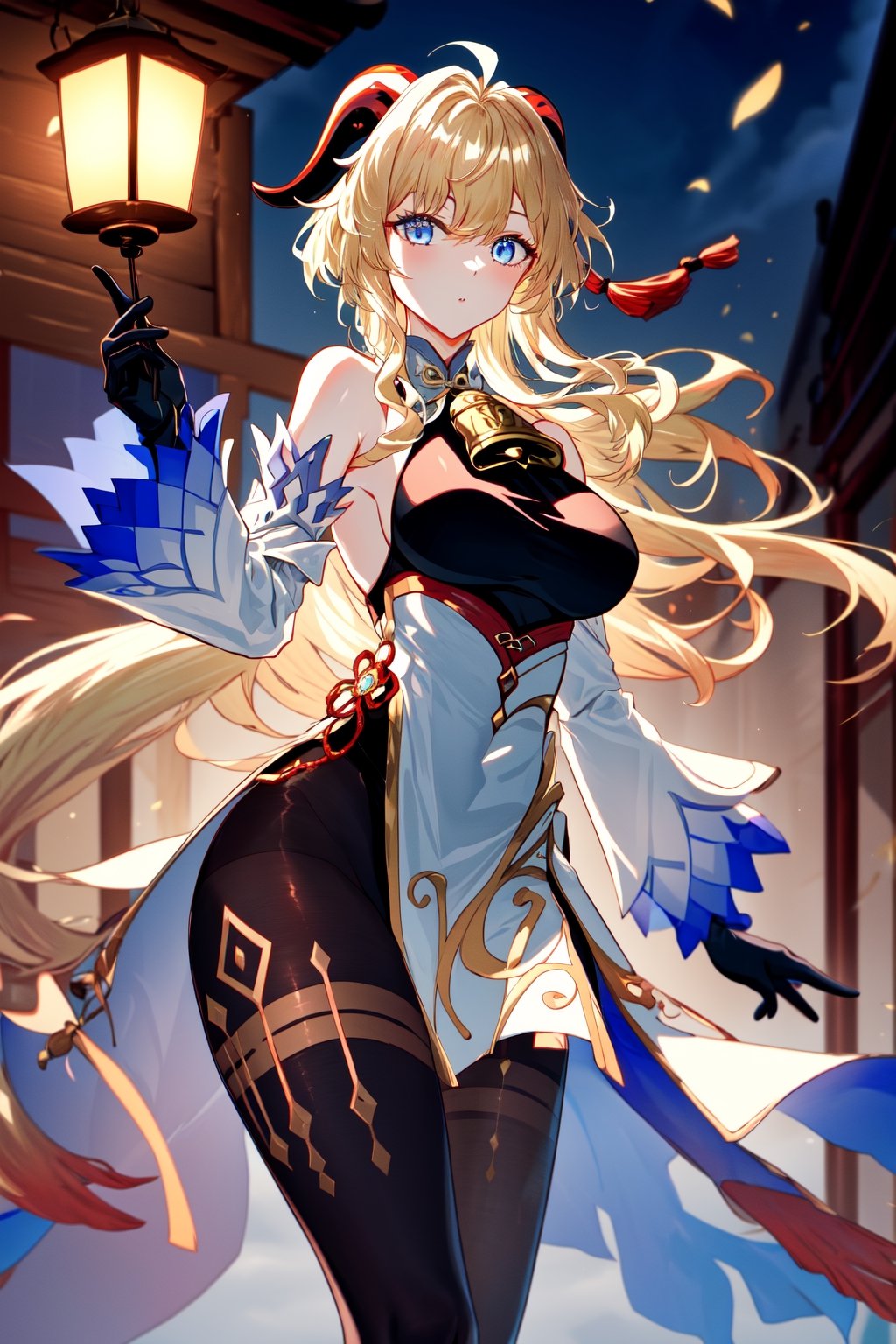 1girl, solo, ganyu \(genshin impact\),(bare shoulders, bell bottom, black gloves, black pantyhose, ((blonde hair)),  breasts, Chinese knot, loose sleeves, flower knot, gloves, horns, looking at viewer, large size breasts, flared neck, evening, open air, pantyhose, blue eyes, side locks, single, tassel, white sleeves), ((masterpiece)),kitagawa marin, red eyes