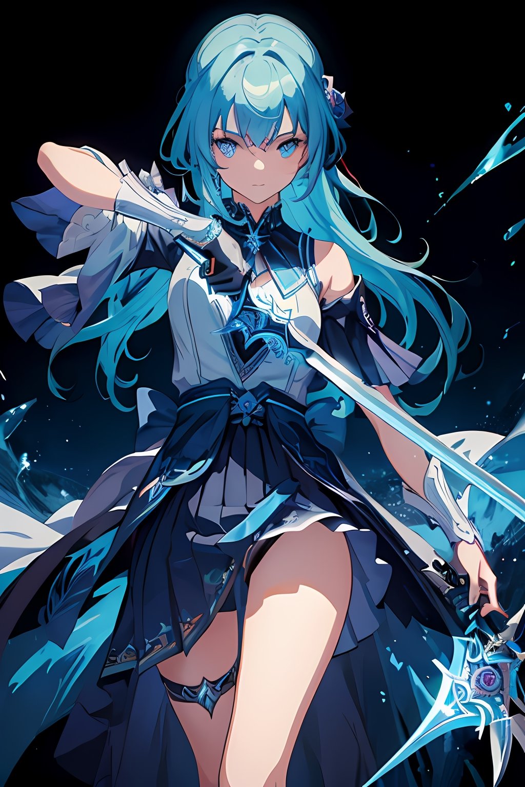 ((masterpiece, best quality)),a girl holding a sword, in the style of dark azure and light azure, mixes realistic and fantastical elements, vibrant manga, uhd image, glassy translucence, vibrant illustrations。
