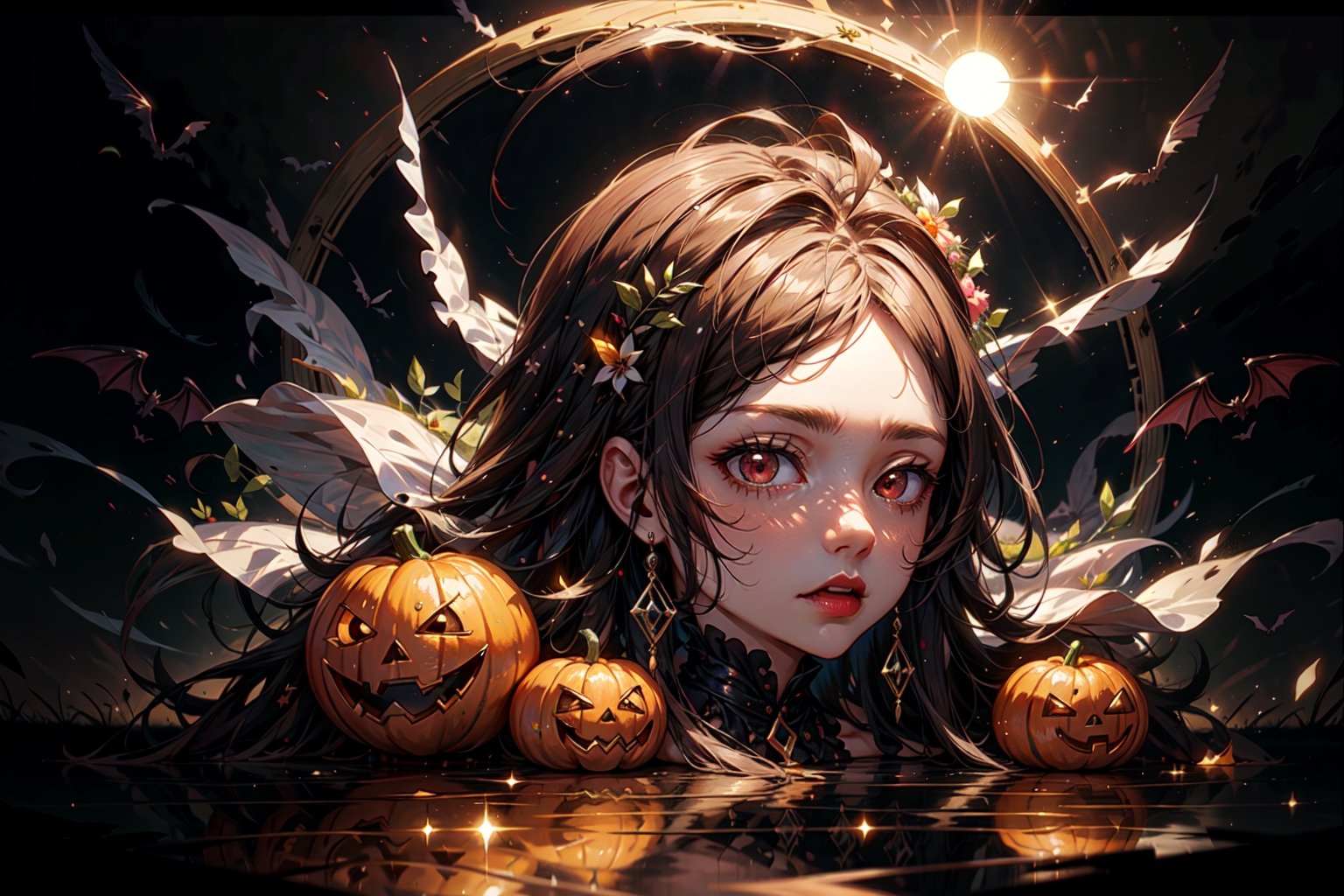 Steampunk girl, halloween, with pumpkins and bats, inside a circle, white outside the circle, simple, beautiful, modern watercolor style,full body,(perfect facial features,
red eyes, reflection in the eyes,
two protruding fangs in the mouth, red lips),
black dress, long dress, dress with ruffles, (
night, full moon in the background, medieval castle)