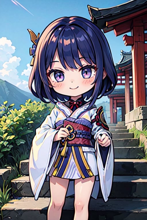 (chibi), full body, solo, 1girl,raidenshogundef, upper body, smile, blush, outdoors, day, simple background, blue sky, short hair, sky, temple, looking at viewer, stairs, mountain, moody lighting, facing viewer, long hair, 