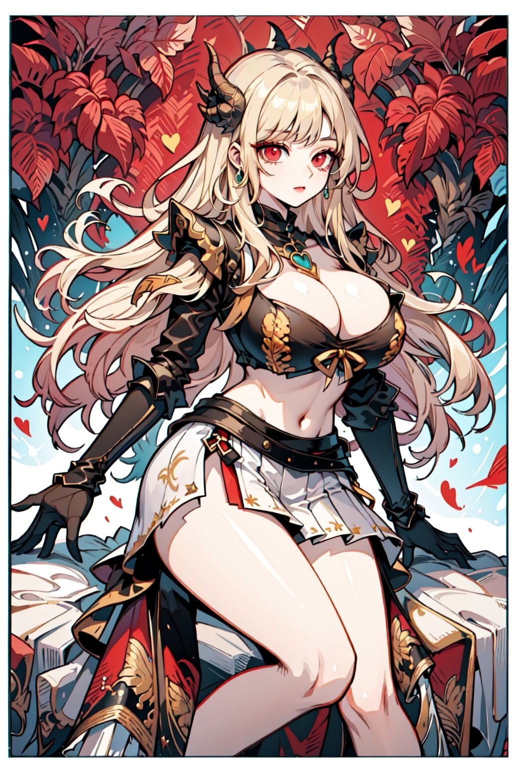 anime, design, front and rear design, custom character, character design, full body,  big boobies, big breast, design(masterpiece, top quality, best quality, official art, beautiful and aesthetic:1.2 ), (1girl), extreme detailed, (fractal art:1.3), highest detailed, 1 girl, medieval armor,  female armor,  cleavage, heart in eye, huge breasts, miniskirt, bra,mink_\(dragon_half\),bikini armor, ,kitagawa marin, red eyes, earrings, blond hair