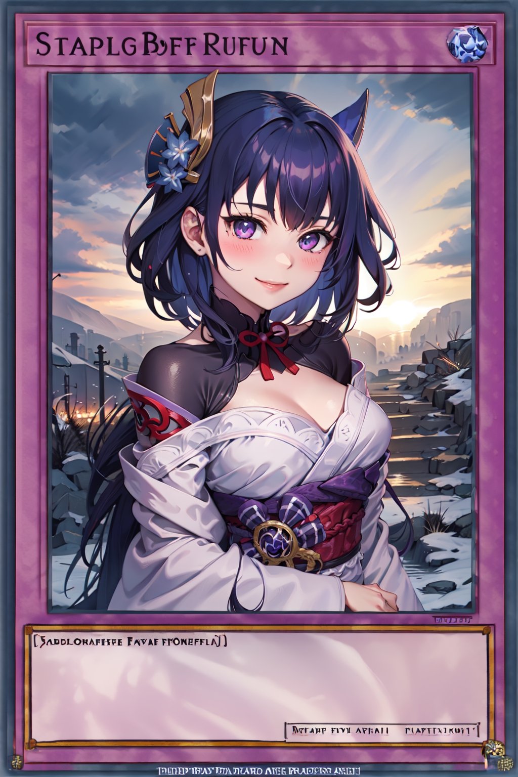 yugioh_card,masterpiece, best quality,raidenshogundef, upper body, smile, blush, outdoors, day, simple background, blue sky, short hair, sky, temple, looking at viewer, stairs, mountain, moody lighting, facing viewer,  gorgeous hair, medium breasts, long hair, blue purple hair,raiden shogun