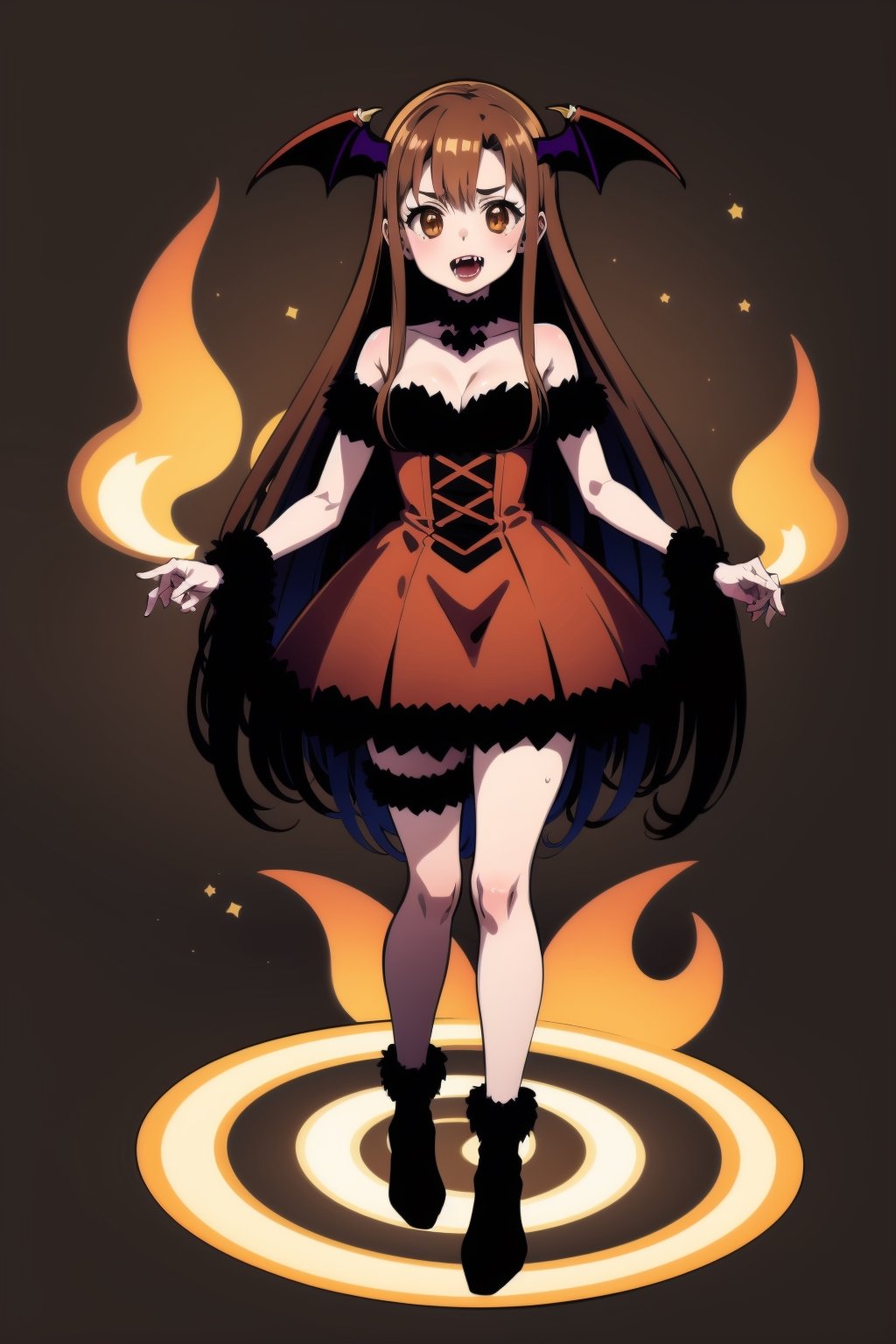 Halloween style, girl , ((vampire costumes)),asuna yuuki, long hair,brown hair,(brown eyes:2), 1 girl, colorful, elemental, fire, best quality, full body, Wide Shot, magic Circle, Circle