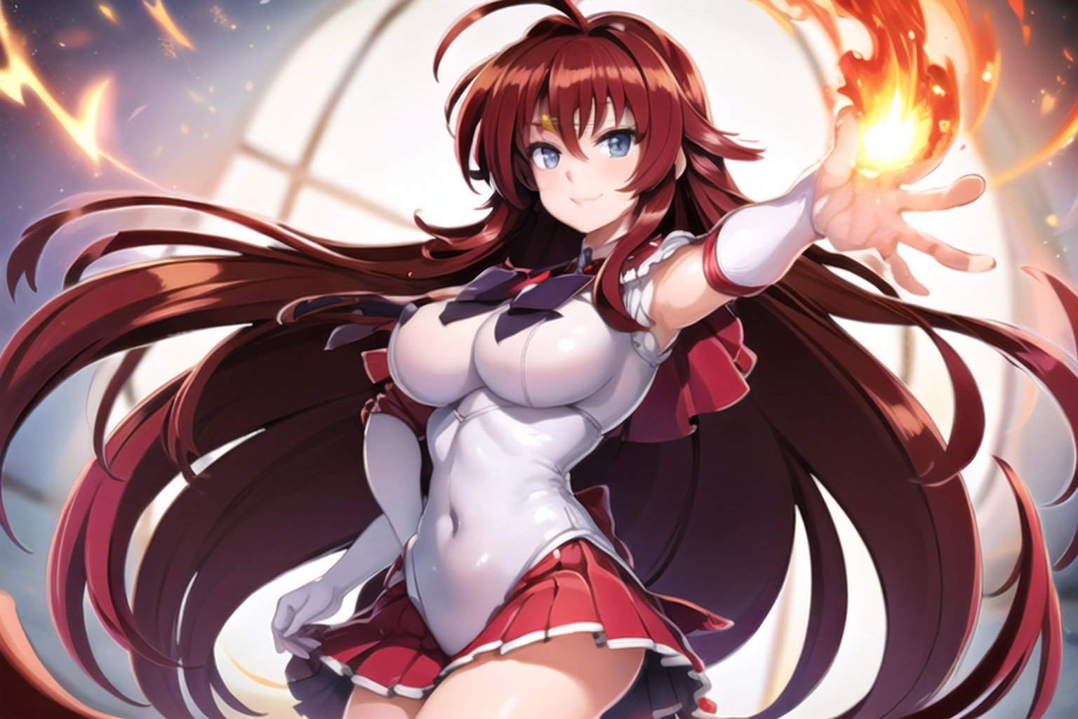 1GIRL RIAS_GREMORY,red hair, ahoge, blue eyes,very long hair, parted bangs, sailor senshi uniform, red sailor collar, red skirt, elbow gloves, standing, cowboy shot, smile, cartoon flames in background, stylized background,