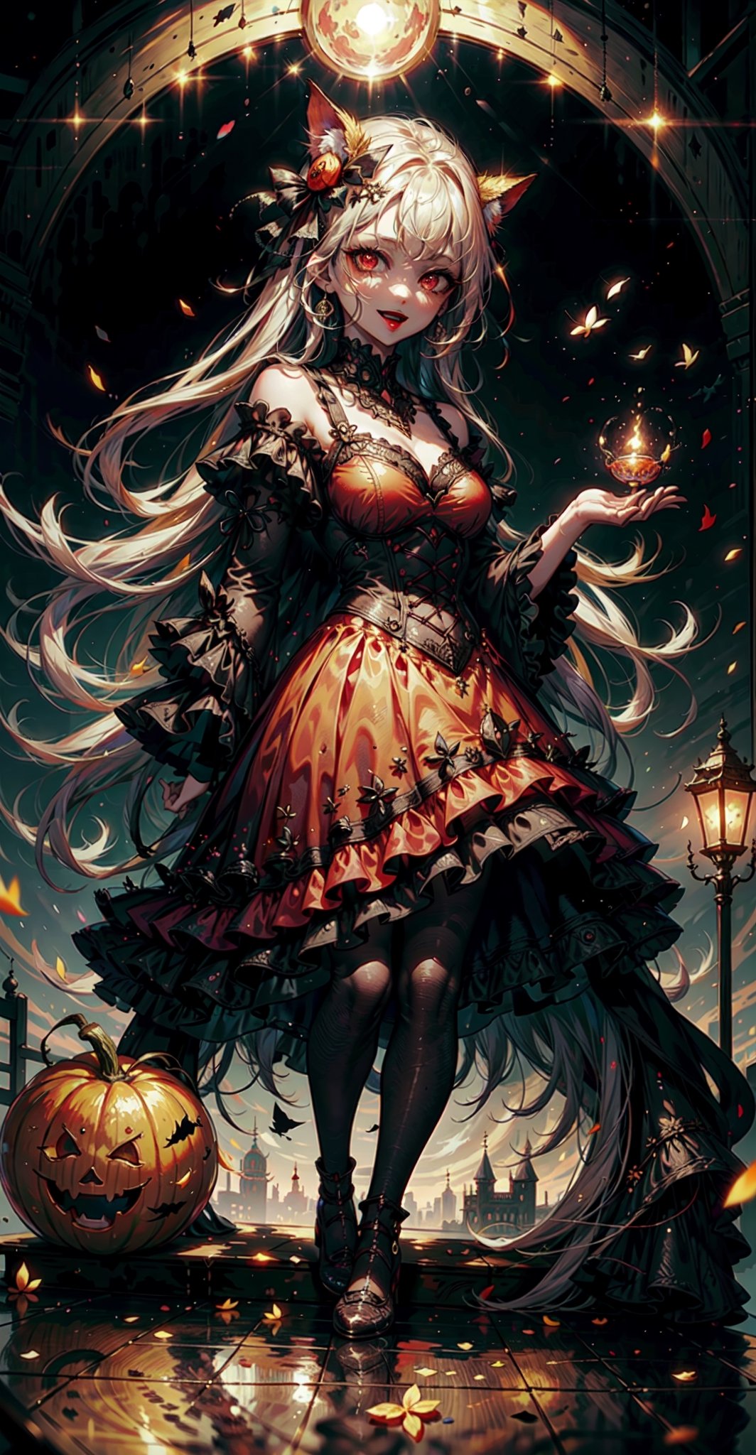 Steampunk girl, with pumpkins and bats, inside a circle, white outside the circle, simple, beautiful, modern watercolor style,((full body,perfect facial features,red eyes, reflection in the eyes, red lips,smile, open mouth)),
black dress, long dress, dress with ruffles, (
night, full moon in the background, medieval castle),fangs