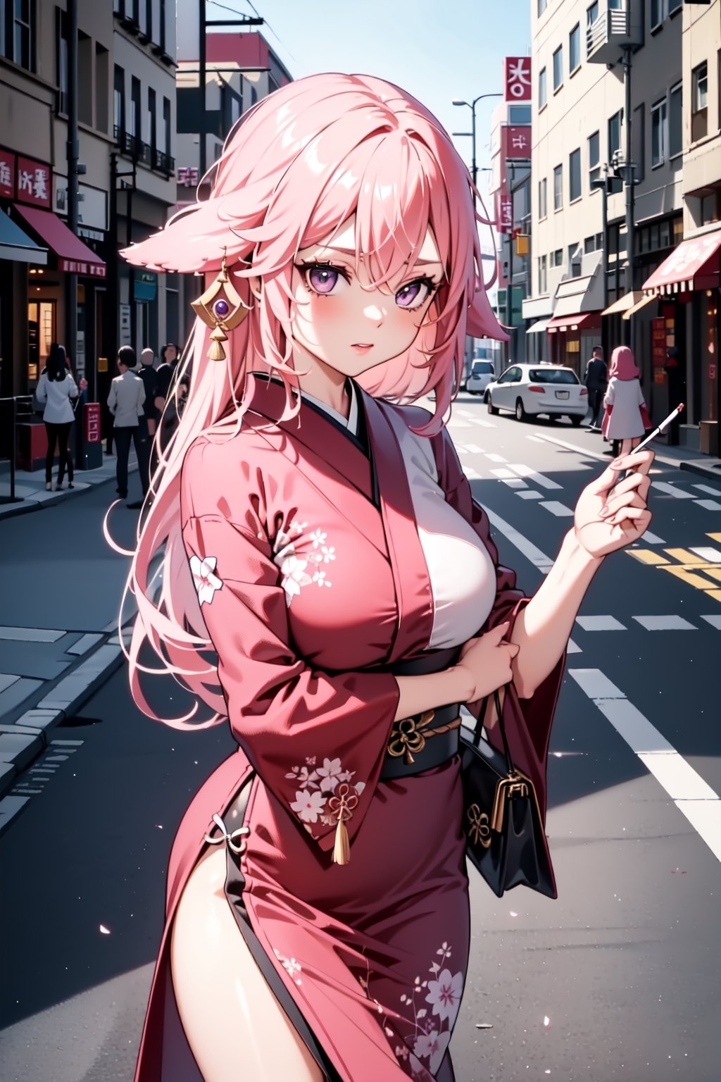 The image shows a woman in a pink kimono standing on a street in a city. She has long, pink hair and is wearing a white blouse and pink kimono. She is holding a purse and has a cigarette in her hand. The background is a city street with buildings and cars in the distance. The overall mood of the image is sexy and alluring.,china dress with heart cutout,yaemikodef, purple eyes