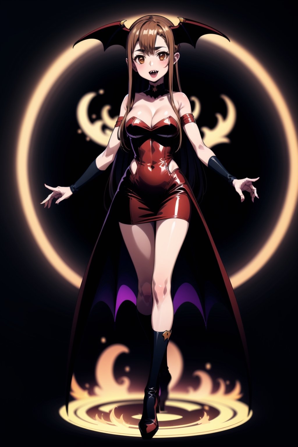 Halloween style, ((vampire costumes)),asuna yuuki, long hair,brown hair,(brown eyes:2), 1girl, colorful, elemental, fire, best quality, full body, Wide Shot, magic Circle, Circle