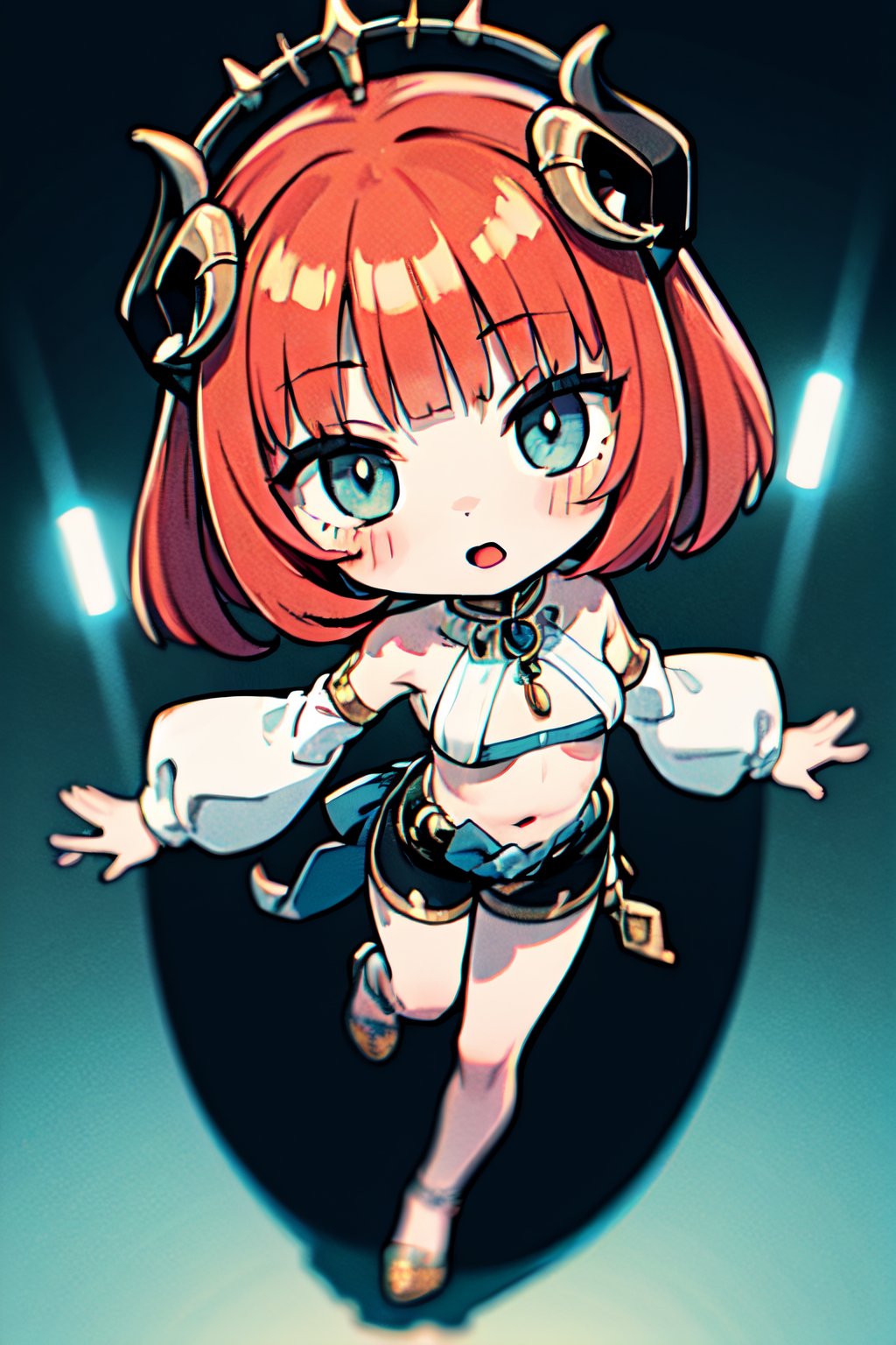 (chibi), full body, solo, 1girl,nilou \(genshin impact\),  (open mouth, dancing, from above:1.2),1girl, standing, gold footwear, bangs, blush, breasts, bridal gauntlets, cape, detached sleeves, horns, jewelry, navel, parted lips, revealing clothes, sitting, solo, thighs(masterpiece, best quality, ultra-detailed), (beautiful detailed face, beautiful detailed eyes),mksks style, beautiful background, (beautiful fjord, holographic interface, lens flare, chromatic aberration:1.2),