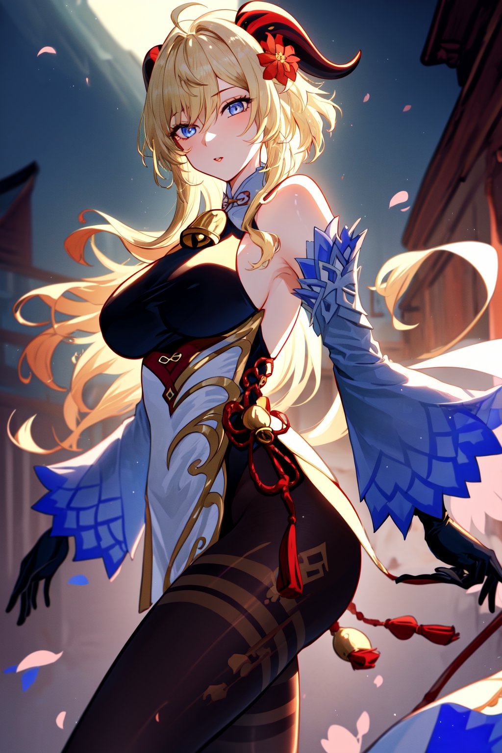 1girl, solo, ganyu \(genshin impact\),(bare shoulders, bell bottom, black gloves, black pantyhose, ((blonde hair)),  breasts, Chinese knot, loose sleeves, flower knot, gloves, horns, looking at viewer, large size breasts, flared neck, evening, open air, pantyhose, blue eyes, side locks, single, tassel, white sleeves), ((masterpiece)),kitagawa marin, red eyes