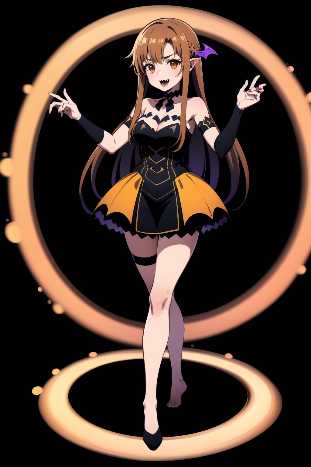 Halloween style, girl , ((vampire costumes )),asuna yuuki, long hair,brown hair,(brown eyes:2), 1 girl, colorful, elemental, fire, best quality, full body, Wide Shot, magic Circle, Circle