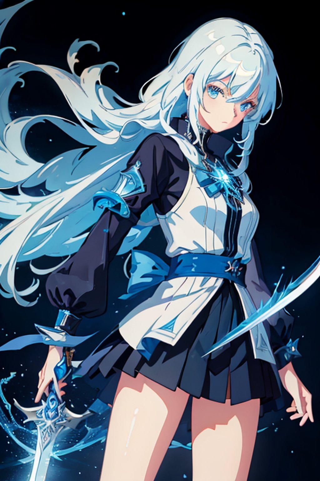 ((masterpiece, best quality)),a girl holding a sword, in the style of dark azure and light azure, mixes realistic and fantastical elements, vibrant manga, uhd image, glassy translucence, vibrant illustrations, midjourney,long hair, white hair,mira-chan