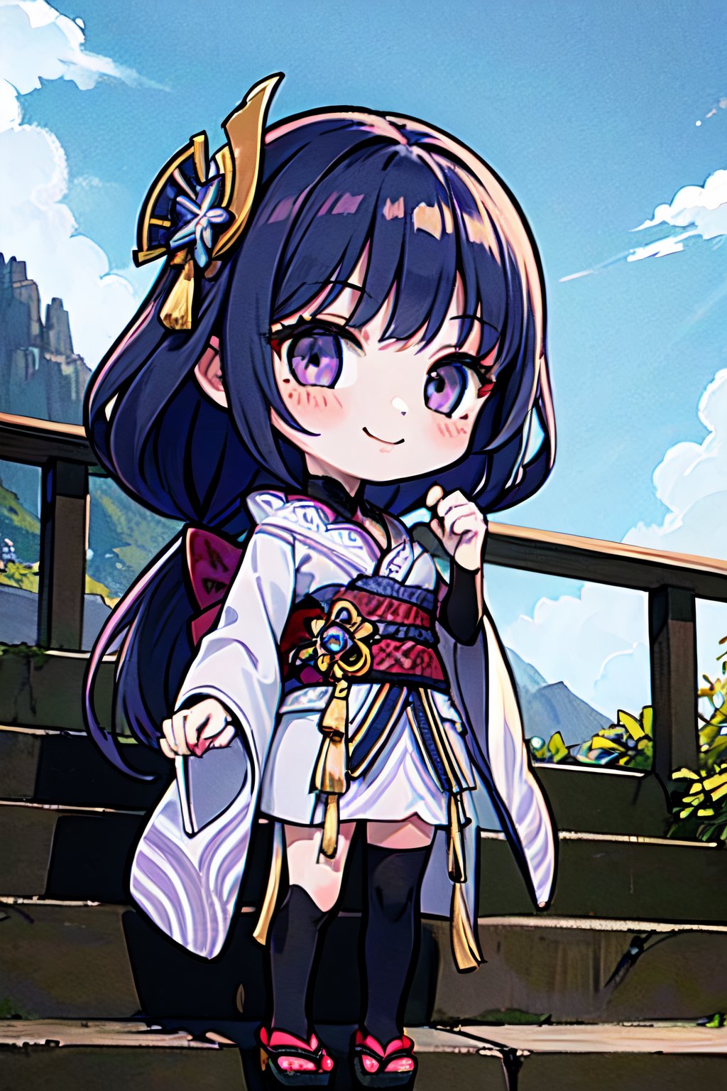 (chibi), full body, solo, 1girl,raidenshogundef, upper body, smile, blush, outdoors, day, simple background, blue sky, sky, temple, looking at viewer, stairs, mountain, moody lighting, facing viewer, long hair, 