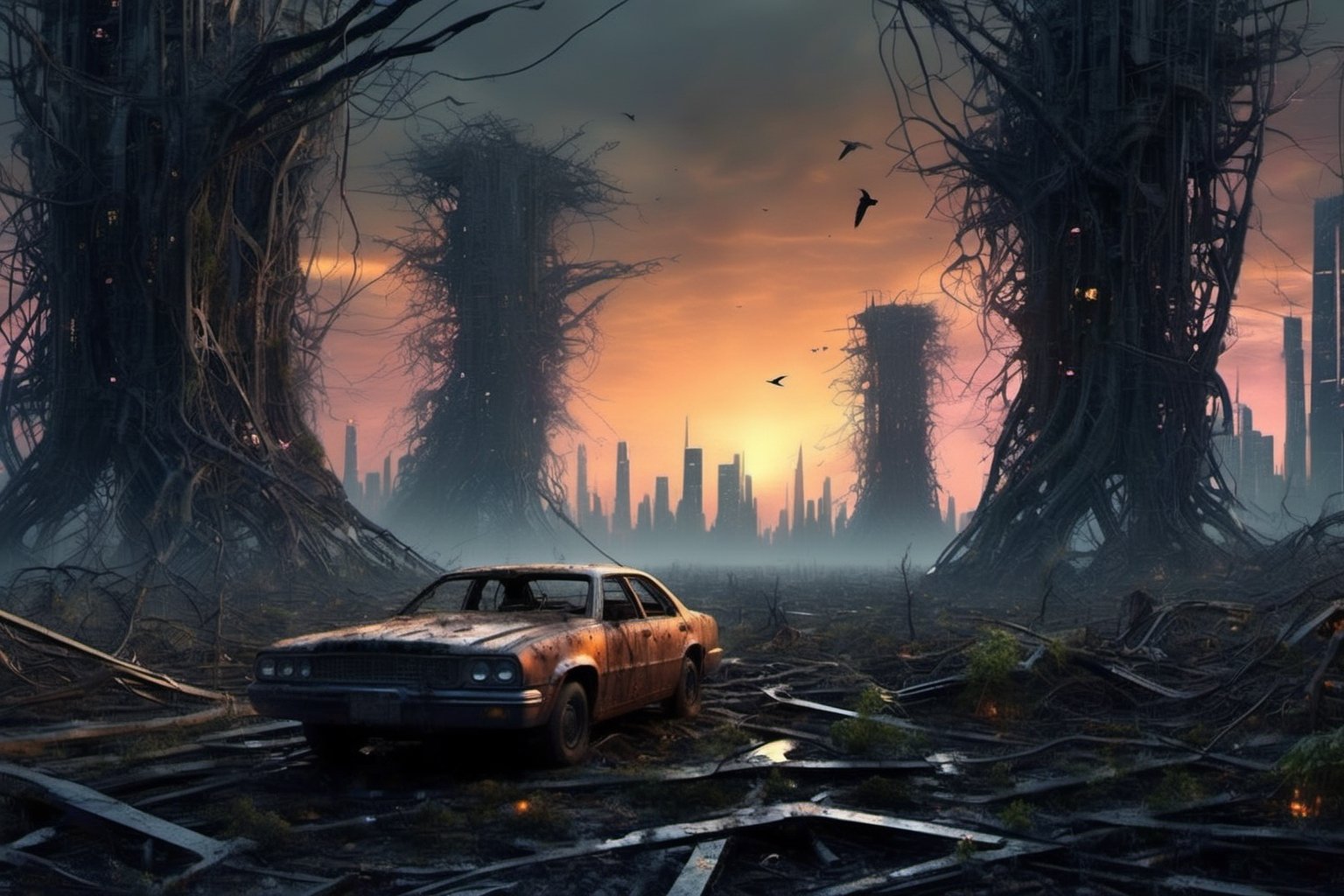 In the hushed stillness of a post-apocalyptic dawn, a city lies in ruins, its former glory now a distant memory. The sky, painted with hues of muted orange and pink, casts a melancholic glow over the desolation below.

Once towering skyscrapers now stand as jagged, skeletal remains, their shattered windows reflecting the feeble light of the emerging sun. The streets, cracked and overgrown with weeds, resemble nature's slow reclamation of the urban landscape.

The silence is broken only by the distant echoes of a world that once thrived: the chirping of resilient birds, the creaking of rusty metal, and the soft rustle of wind through tattered banners and torn posters that once conveyed messages of hope and prosperity.

Amidst the wreckage, there are scattered signs of humanity's persistence. Makeshift shelters fashioned from salvaged materials dot the landscape, and small fires flicker with a tentative warmth, offering a semblance of comfort to those who have survived.

As the sun rises higher, it reveals the stark contrast between nature's resurgence and the remnants of human civilization. Trees and vines reclaim the concrete jungle, while rusted cars and toppled lampposts serve as reminders of the world that once was.

In this eerie and beautiful post-apocalyptic dawn, the city stands as a testament to both the resilience of life and the fragility of human endeavor, a haunting tableau of a world forever changed by cataclysmic events.