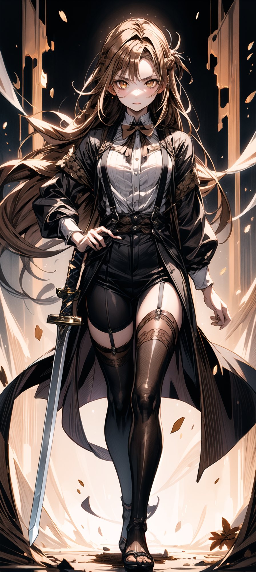 A girl, wearing a tuxedo, holding a western sword in her left hand, suspenders, long legs, sexy, with a cold expression,raiden shogun, asuna yuuki, long hair,brown hair,(brown eyes:2)