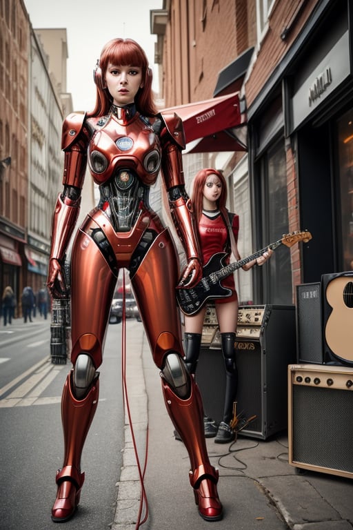 Raw photo, masterpiece, photo-realistic, best quality, 
full length body,
18yo girl cyborg full body  shiny red metal robot red exosuit, mechanical arms, mechanical parts,  an electric guitar on its stand next to girl, sanding in front of marshall guitar amplifier and speaker stack
out side in the street in front of shops
