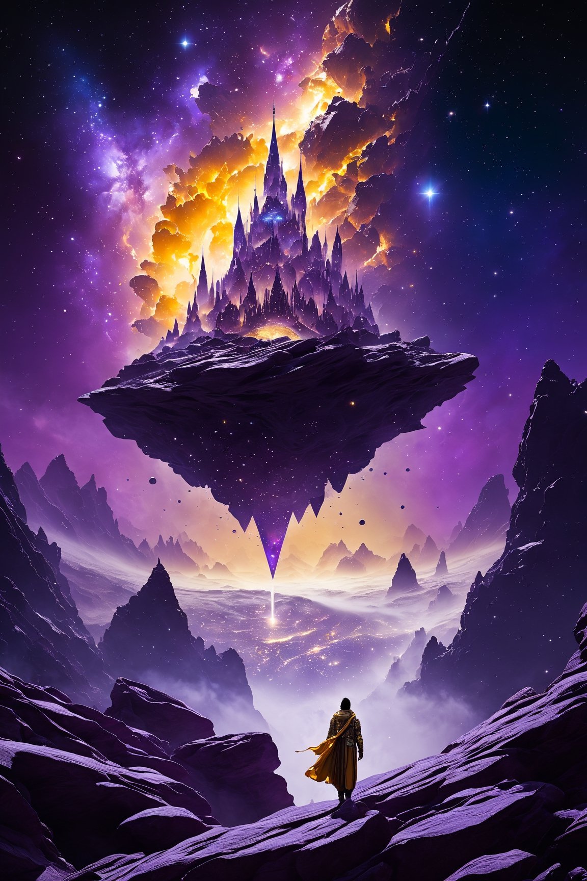 Man floating through space. The background is an epic galaxy with rocks and futuristic castles in hindu style on these roc...