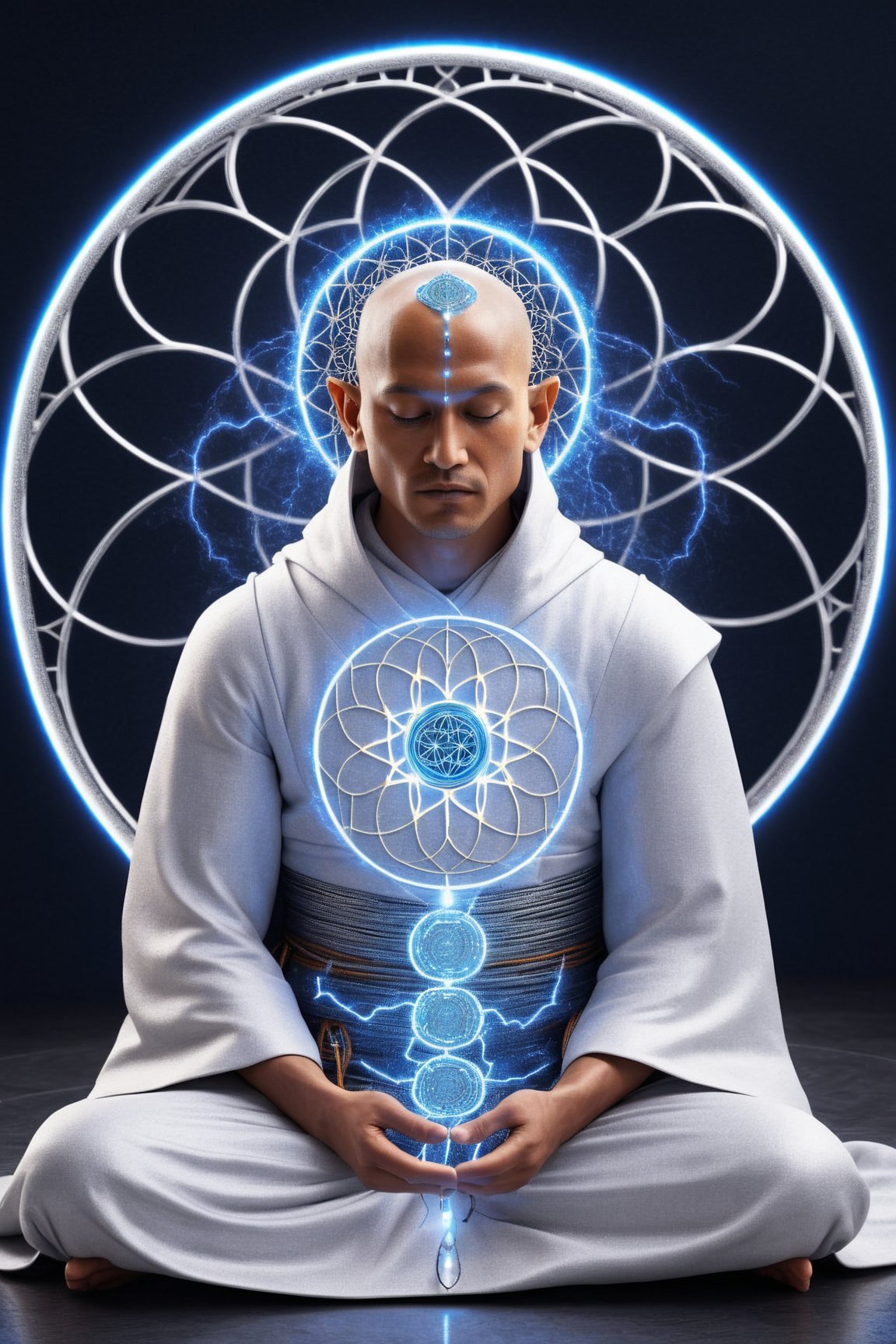 cinematic, ultra realistic,Silver Mind,cyborg monk meditating, simple blue robe, Art Technology, sparks and surges, arcs of electricity, silver flower of life as read geometry background, ready to print, black background, vibrant,Sci-fi,