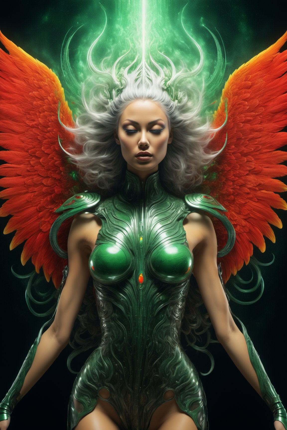 best quality goddess with whie hair translucent luminous burning phoenix wings and symmetrical biomechanical ornaments luminous covered full body tattoo levitation in cosmic outer space, green and red fire, epic, action pose, cosmos, energy, by H.R. Giger, cinematic light, cyberpunk, masterpiece, high detail, best quality, high resolution, hyper perspective, 3D shading, Octane Render, 8K resolution, trending on Artstation, ultra detailed, ultra accurate detailed, photo, perfect composition, beautiful detailed intricate insanely detailed octane render trending on artstation, 8 k artistic photography, photorealistic concept art, soft natural volumetric cinematic perfect light, chiaroscuro, award - winning photograph, masterpiece, oil on canvas, raphael, caravaggio, greg rutkowski, beeple, beksinski, giger,Movie Still,cyborg style