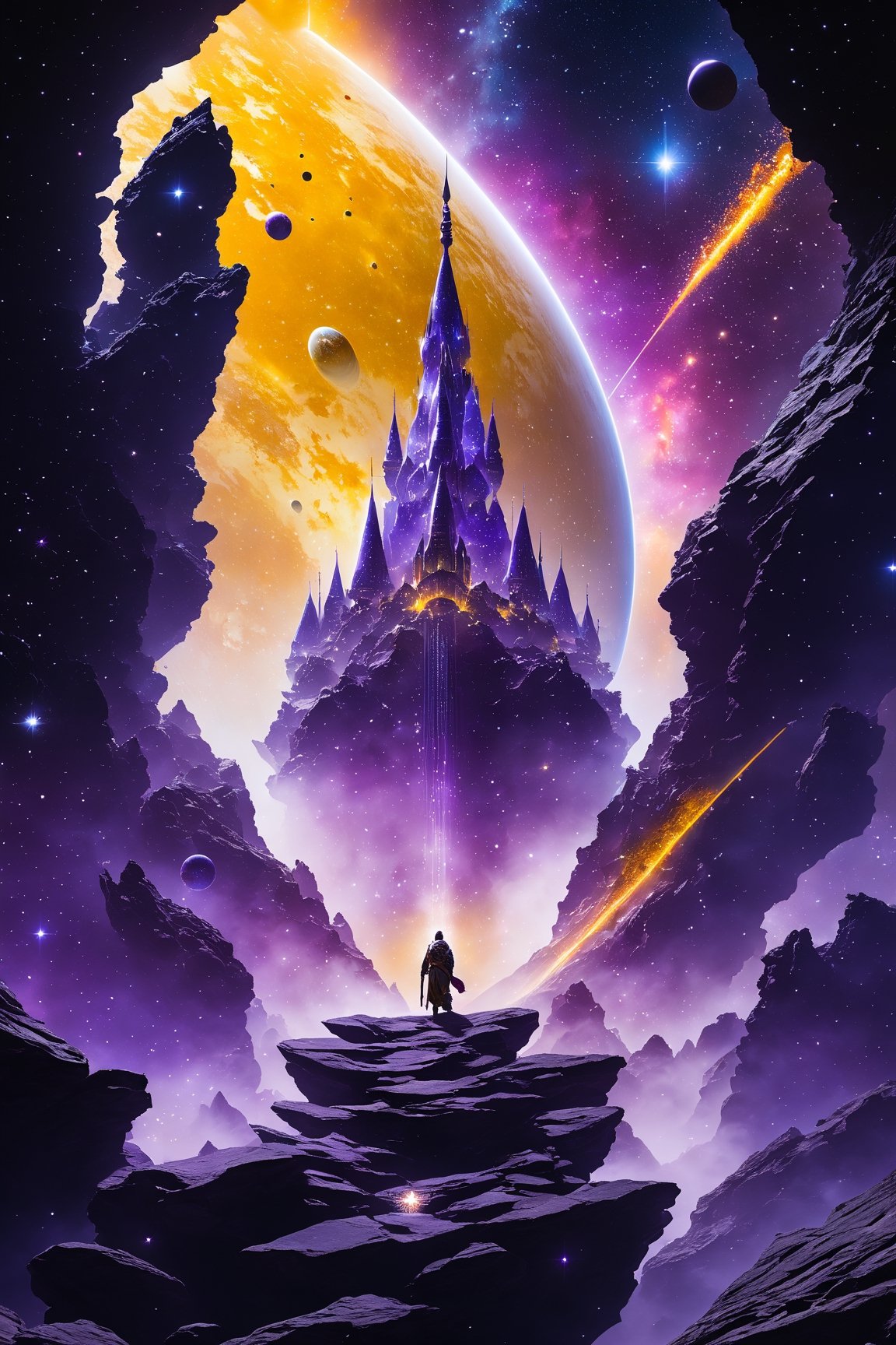 Man floating through space. The background is an epic galaxy with rocks and futuristic castles in hindu style on these roc...