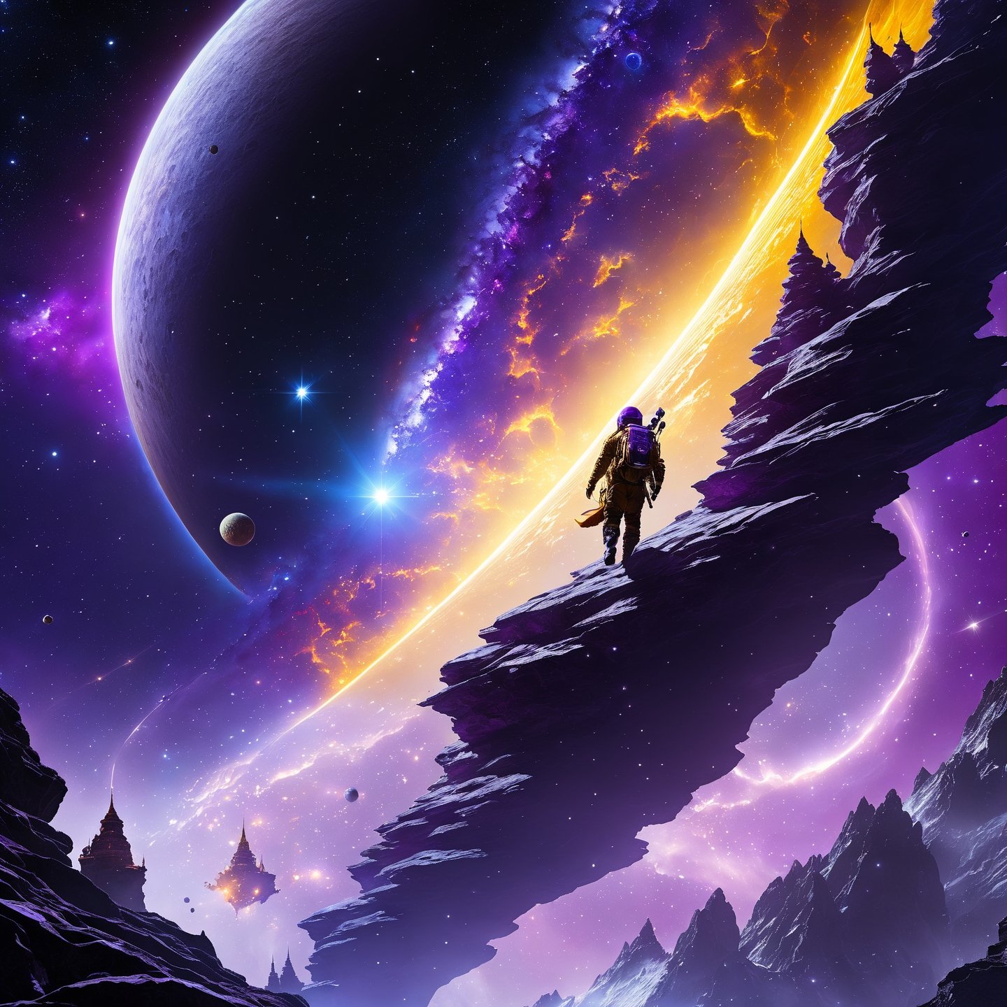 Man floating through space. The background is an epic galaxy with rocks and futuristic castles in hindu style on these roc...