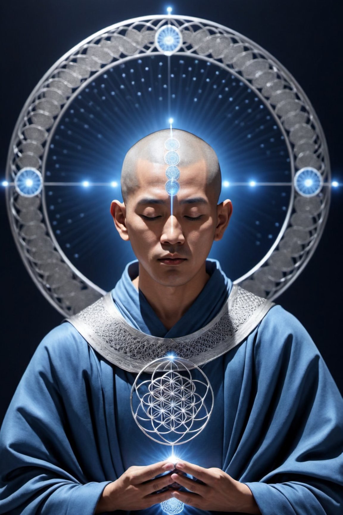 cinematic , ultra realistic, (((Silver Mind))), (cyborg monk meditating:1.3), ((simple blue robe)), Art Technology, sparks and surges, arcs of electricity, silver flower of life as read geometry background, ready to print, black background, vibrant,Sci-fi ,cyborg style