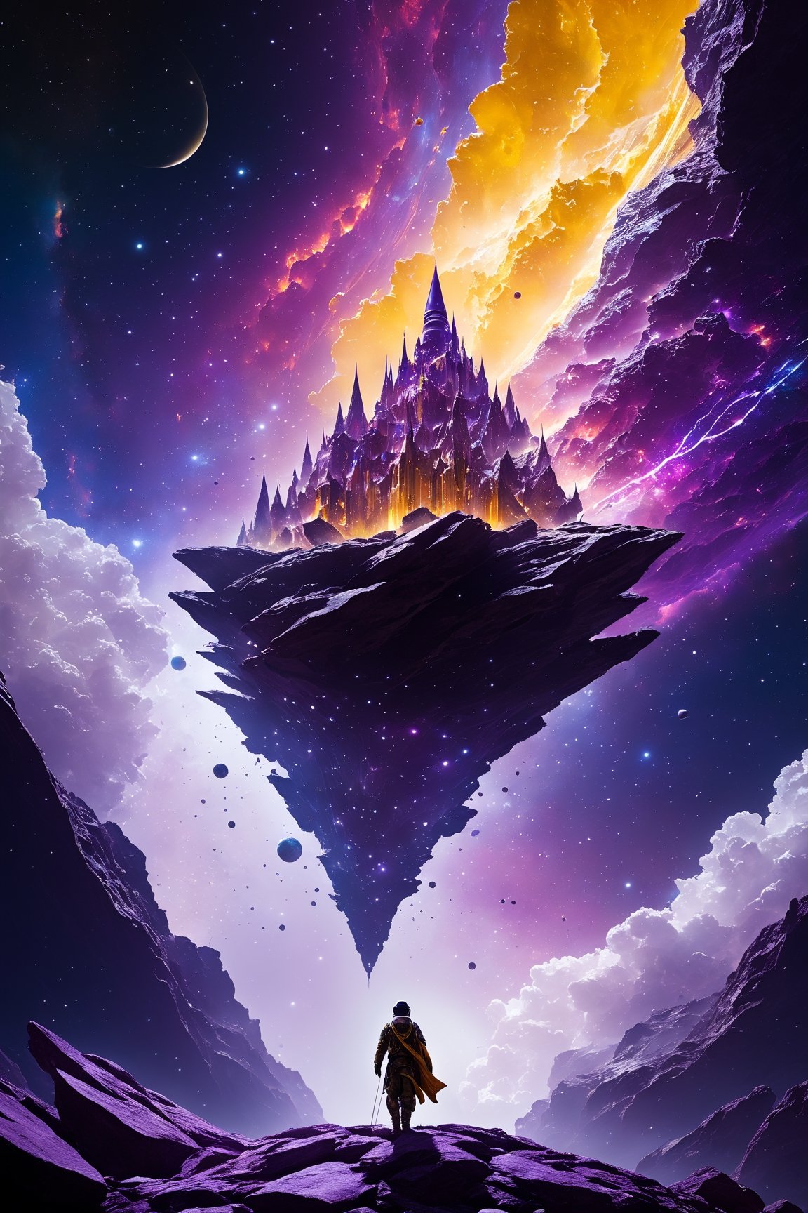 Man floating through space. The background is an epic galaxy with rocks and futuristic castles in hindu style on these roc...