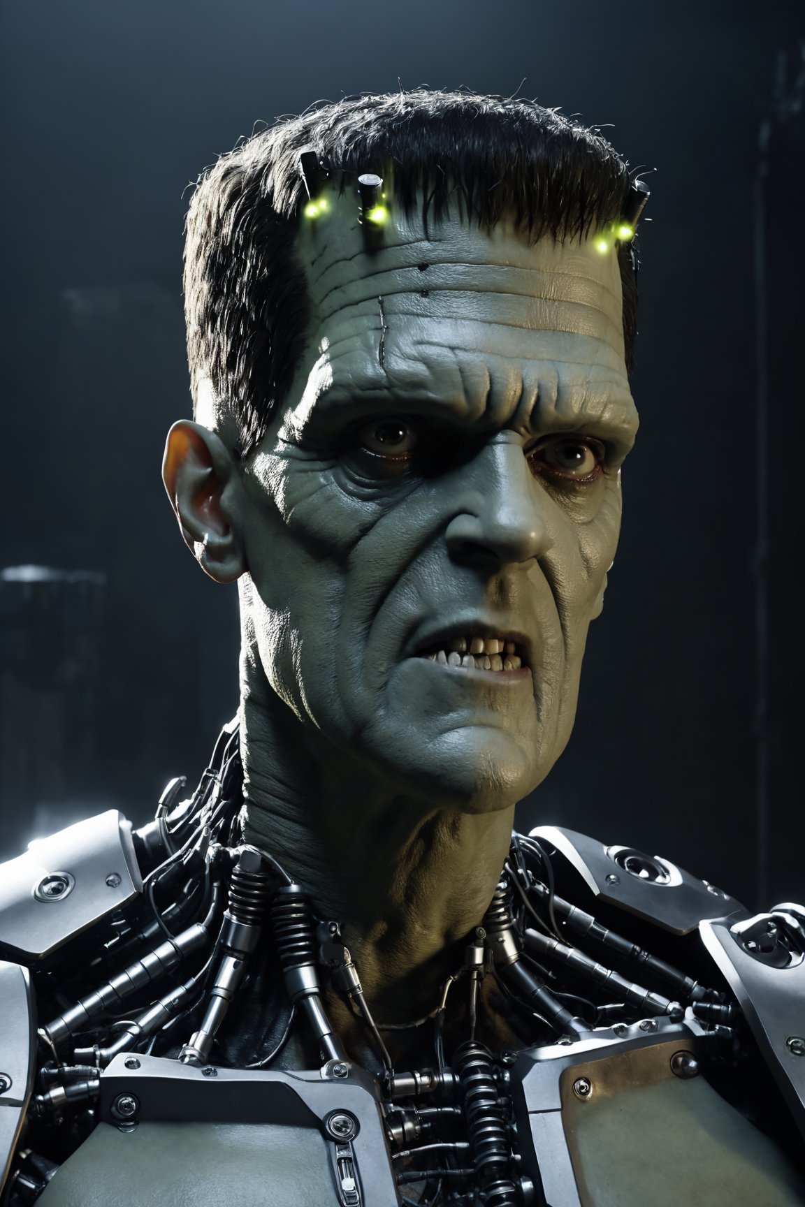 best quaity, cinematic, ultra realistiс new frankenstein cyborg-monster, (cybernetic:1.3), dark shot,cyborg style,Movie Still