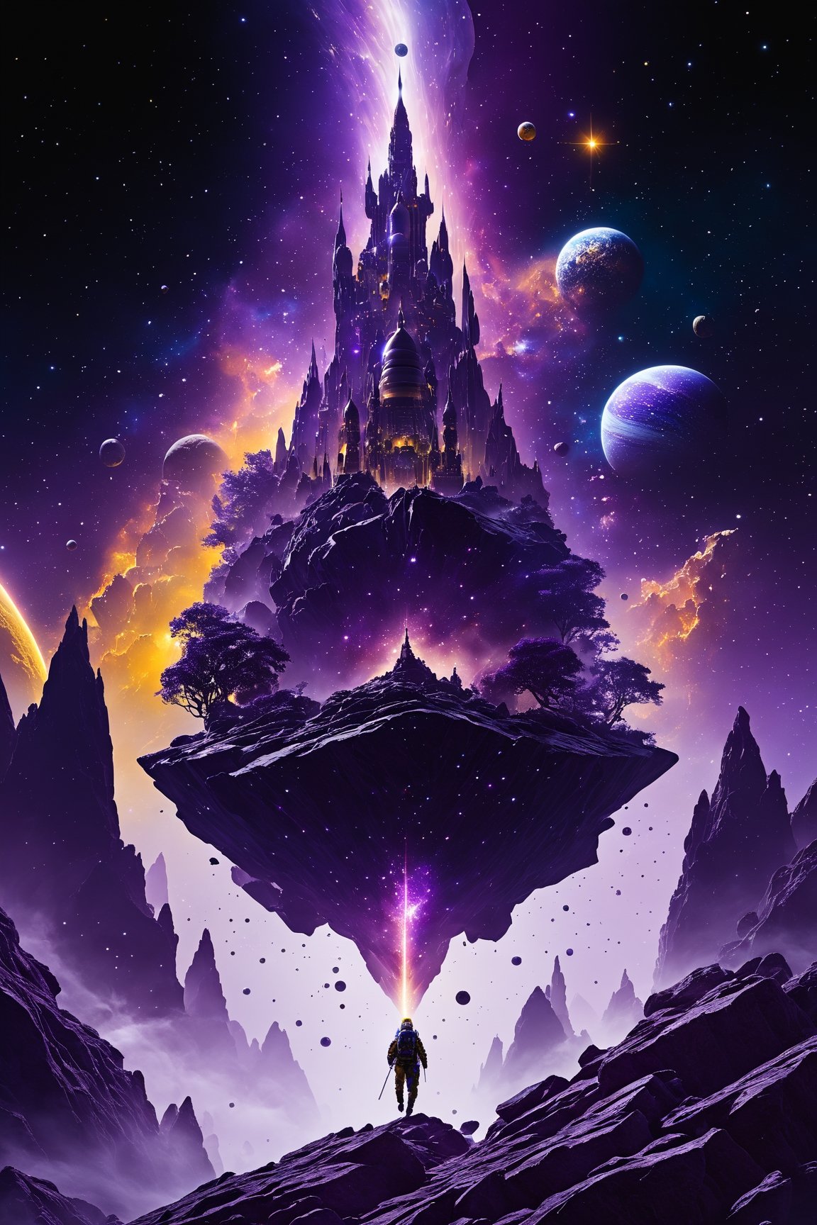 Man floating through space. The background is an epic galaxy with rocks and futuristic castles in hindu style on these roc...