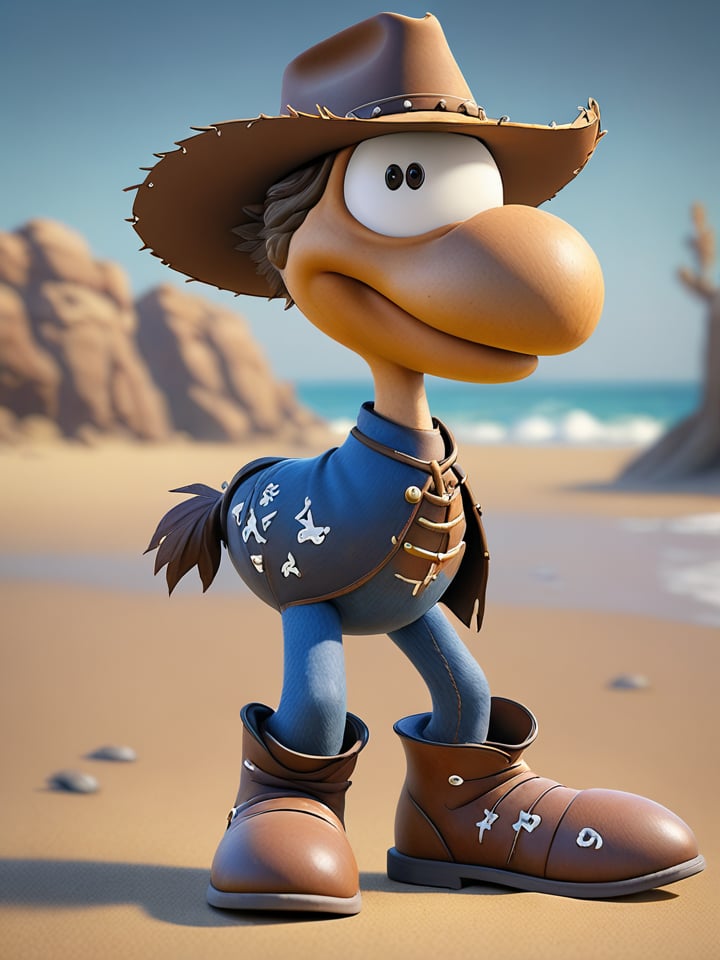 3d render of a cowboy clmnt character, walking on the beach, wearing a velez sarsfield jumper, sweating, in the style of disney pixar and chuck jones, velvet texture, westworld background, wearing cowboy boots