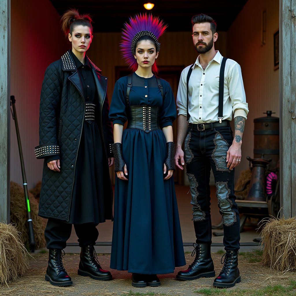 Amish Punk Fashion Photoshoot Scene: Abandoned barn at twilight,  with neon lights casting an otherworldly glow amidst wea...